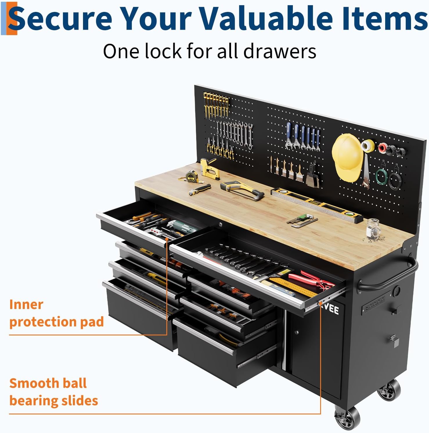 60 Inch Rolling Tool Chest Workbench, 10 Drawer Tool Box with Pegboard & Lock, Mobile Garage Tool Cabinet with Charging Station, Heavy Duty Workbench for Workshop, Black