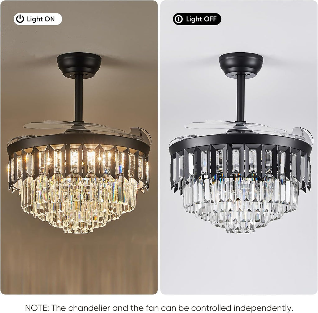 TXCSLY 42' Fandelier Ceiling Fan with Light, Crystal Chandelier Fan with Retractable Blades Dimmable Crystal Ceiling Fan Chandelier for Bedroom Living Room Dining Room-Black