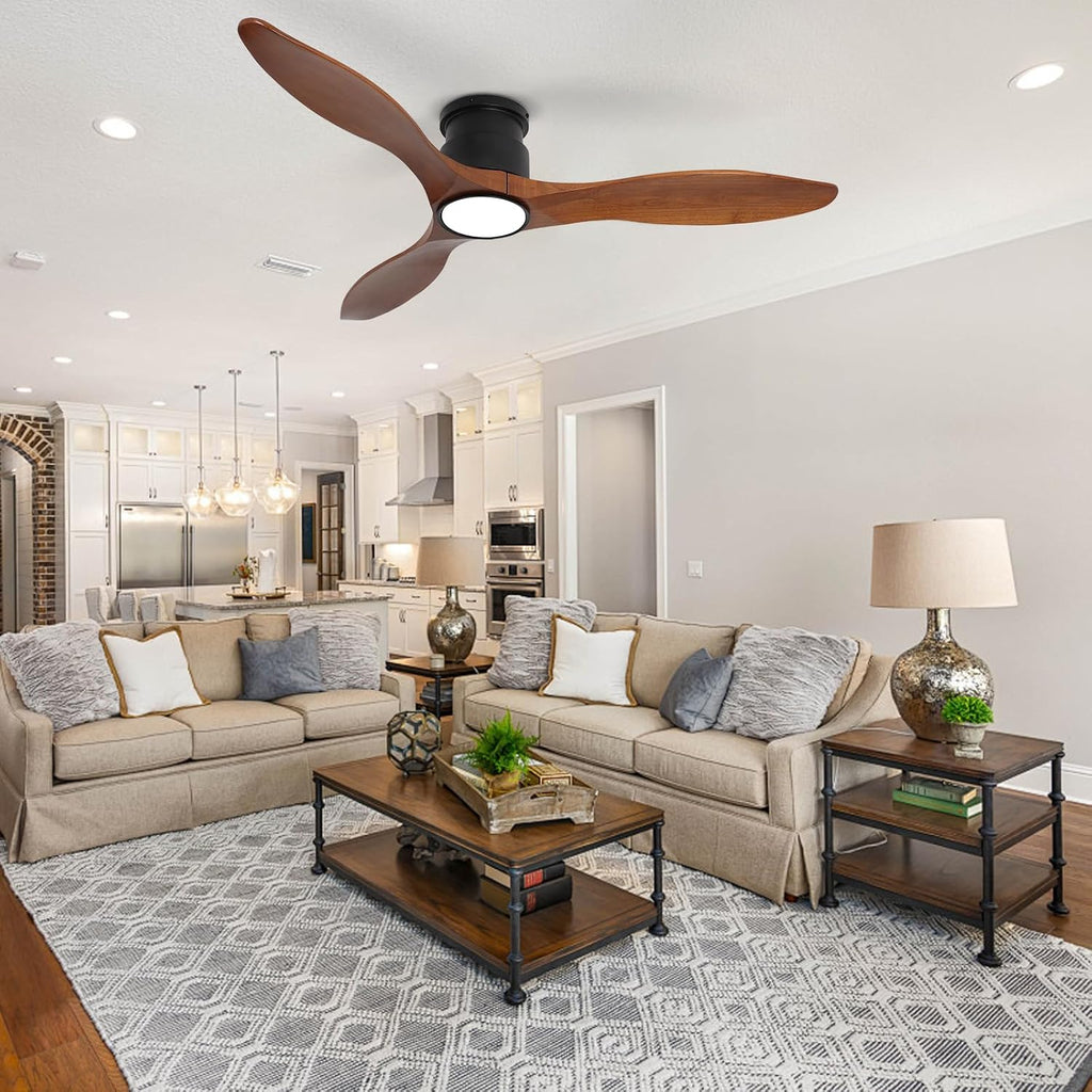 52Inch Wood Ceiling Fans with Lights and Remote Control, Indoor Outdoor Ceiling Fans Farmhouse, Low Profile Ceiling Fan with Light Timing 6 Speeds 3 Color Light Memory Lighting Reversible