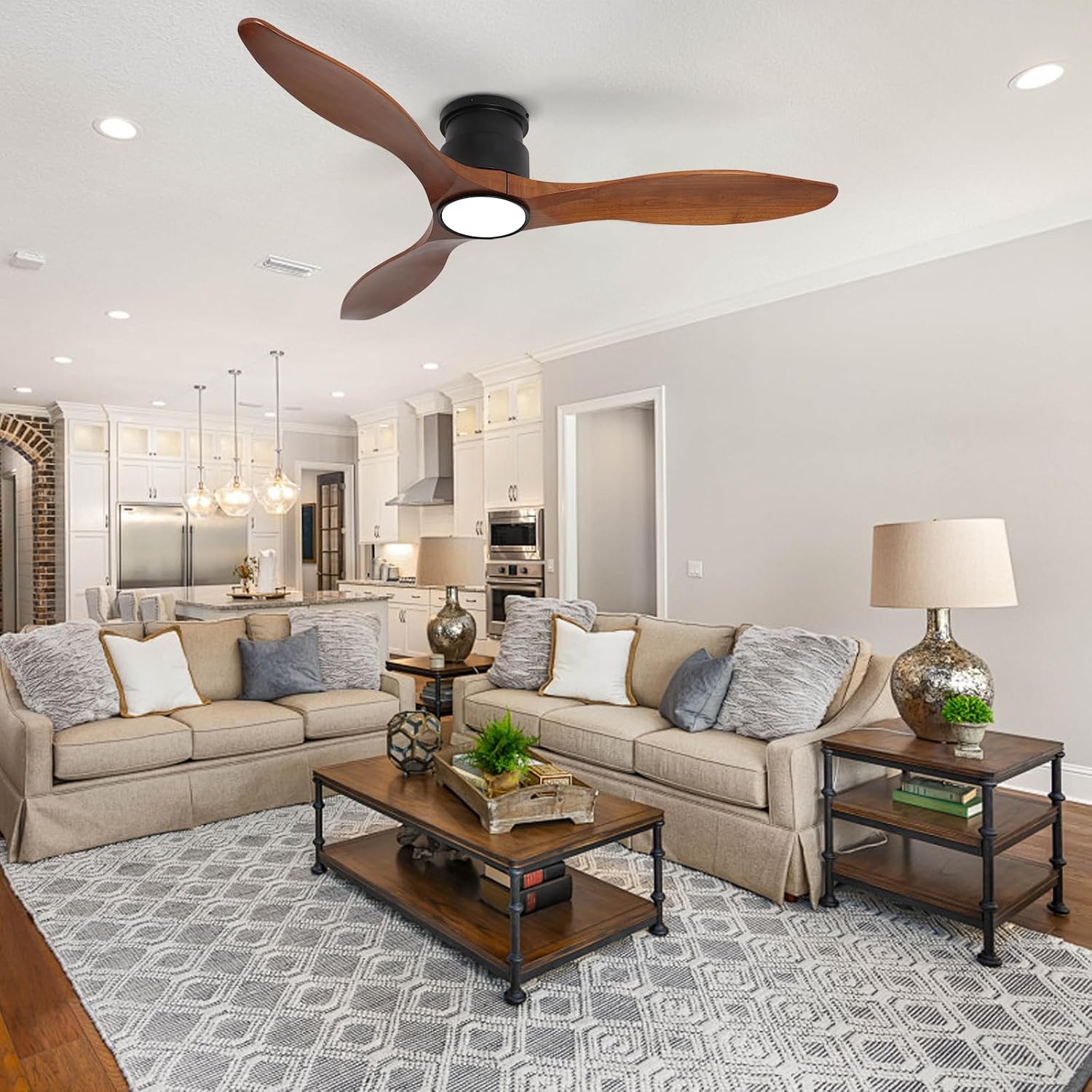 52Inch Wood Ceiling Fans with Lights and Remote Control, Indoor Outdoor Ceiling Fans Farmhouse, Low Profile Ceiling Fan with Light Timing 6 Speeds 3 Color Light Memory Lighting Reversible