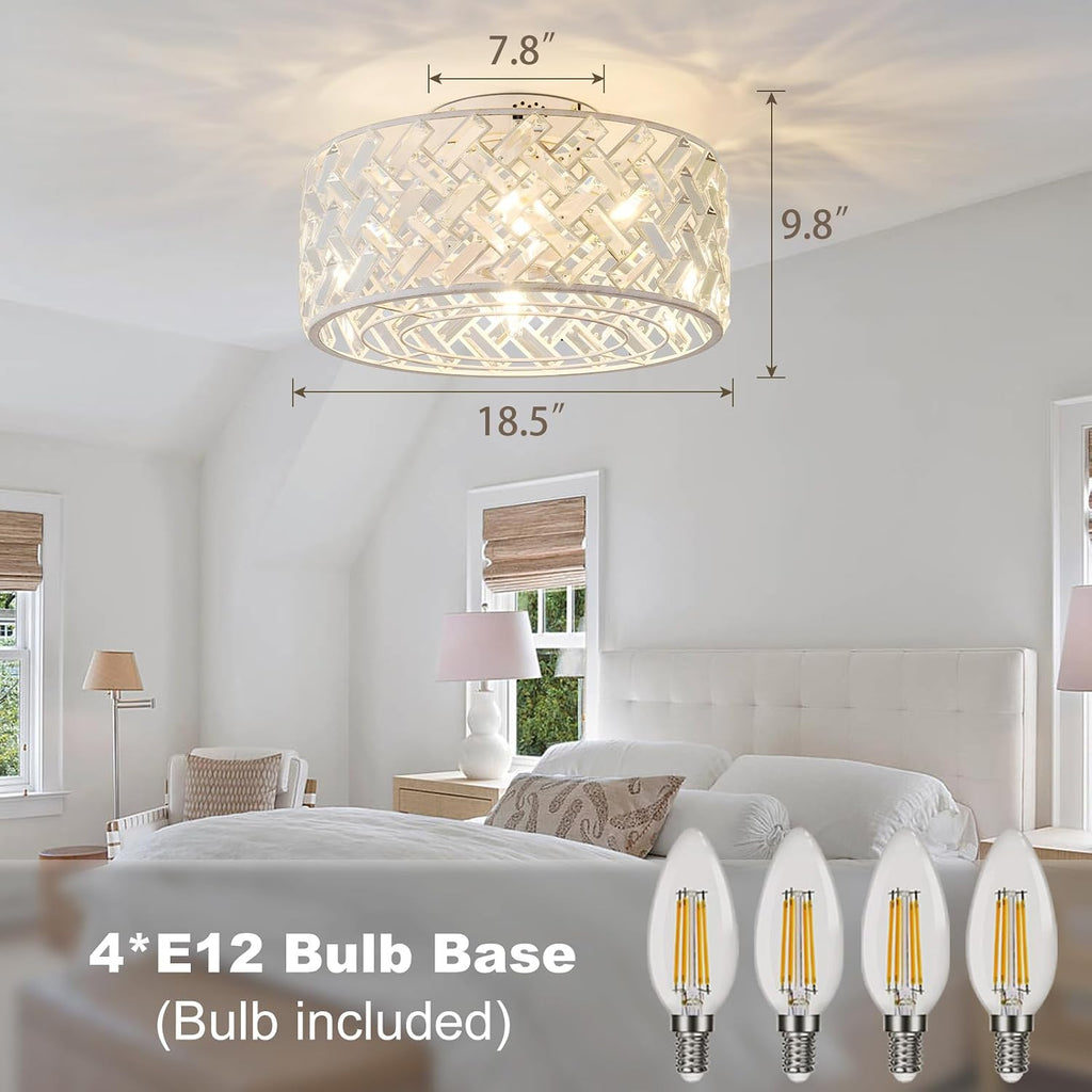 18 Inch Caged Ceiling Fan with Light and Remote, Rustic White Flush Mount Fandelier Ceiling Fan with Remote & App Control, Quiet DC Motor Low Profile Crystal Ceiling Fan for Bedroom, Kitchen