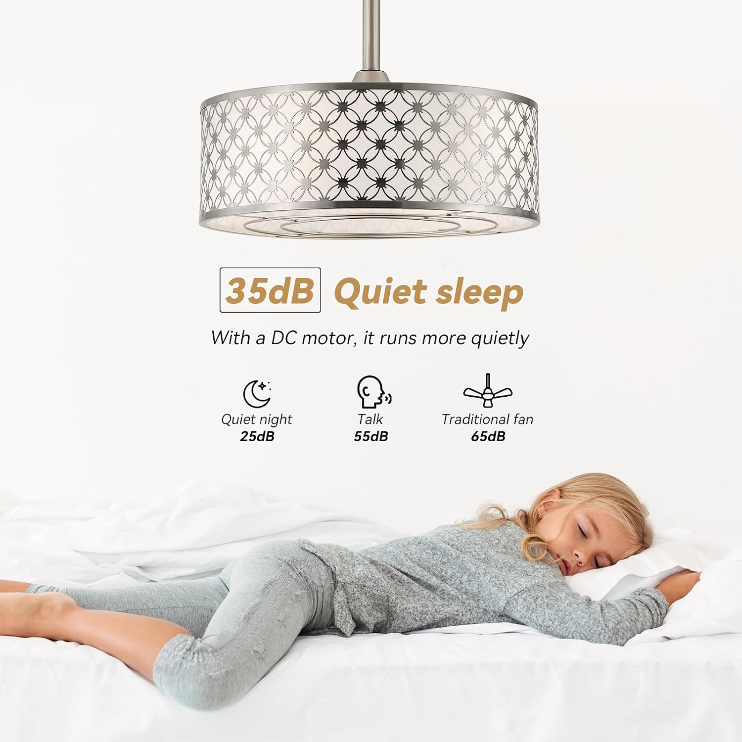 Silver Fandelier Ceiling Fan with Light, 20' Caged Silver Chandelier Ceiling Fans with Lights Remote Control, Fabric Mid-Century Modern with 6 Speeds for Bedroom, Nursery, Living Room.