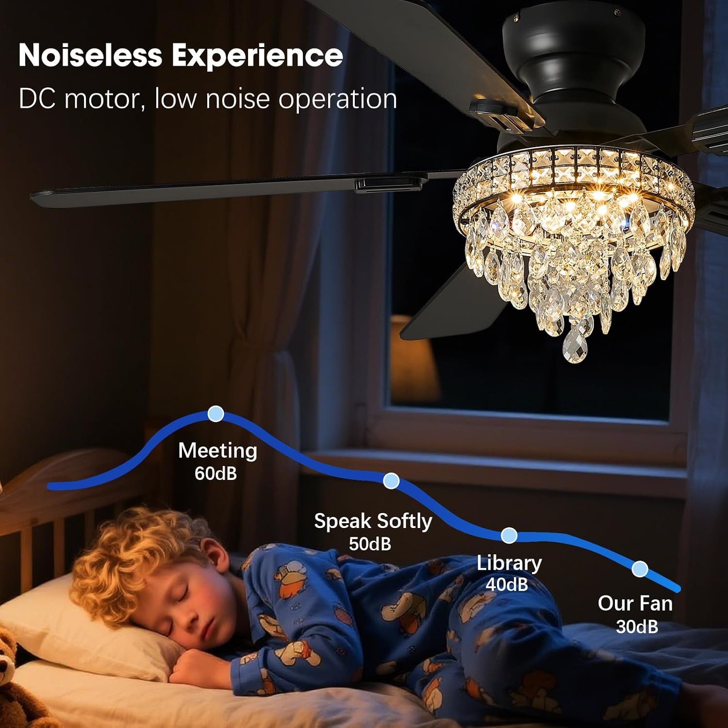 52' Crystal Ceiling Fans with RGB Lights, Remote/App Control, Modern Fandelier Ceiling Fan Flush Mount, Reversible DC Motor, Dimmable, Bedroom Chandelier Fan, (Black)