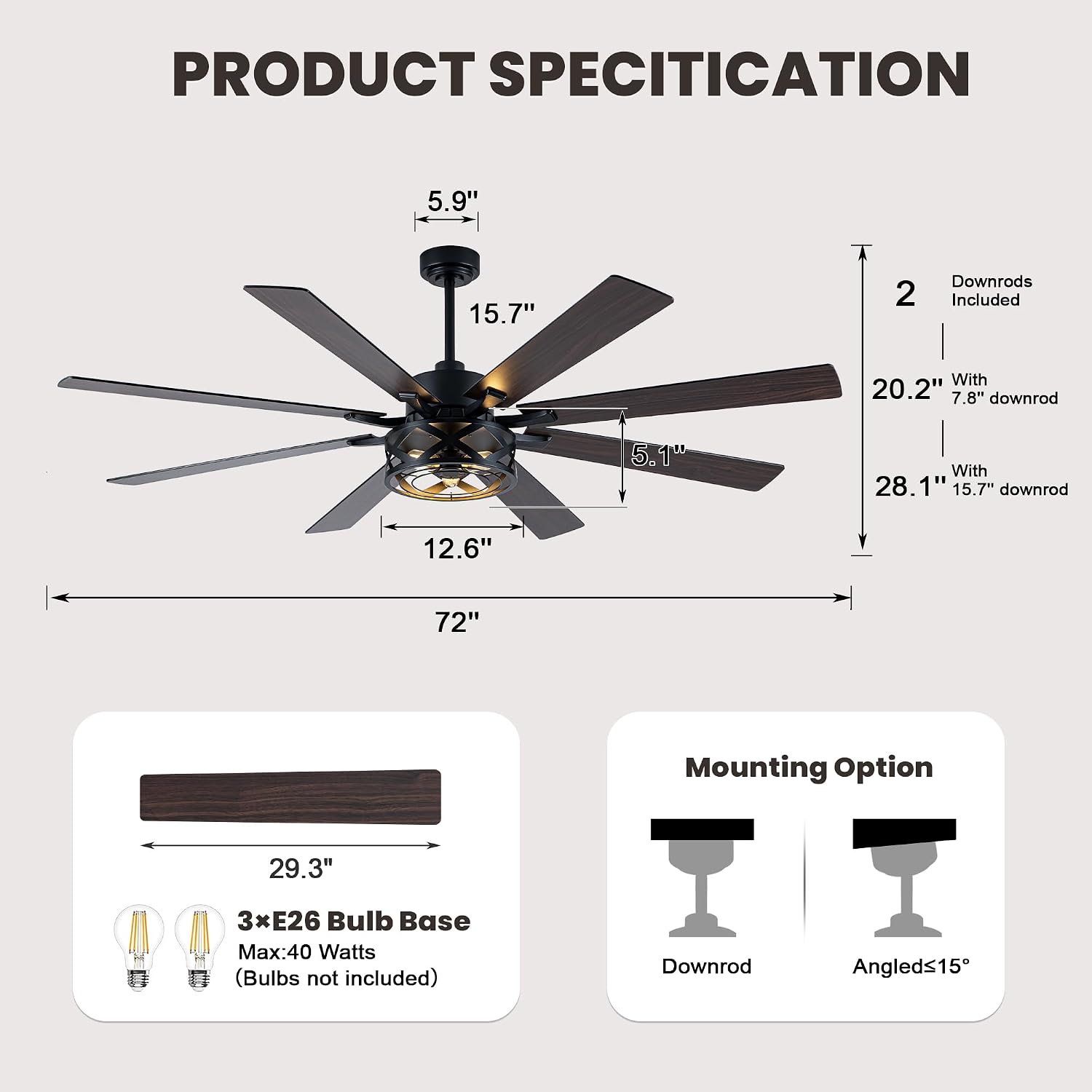 Dawn Whisper Black Ceiling Fans with Lights 72 Inch Farmhouse Ceiling Fan with Remote Quiet Reversible DC Motor 6 Speeds 8 Blades Large Industrial Chandelier Fan for Living Room Bedroom