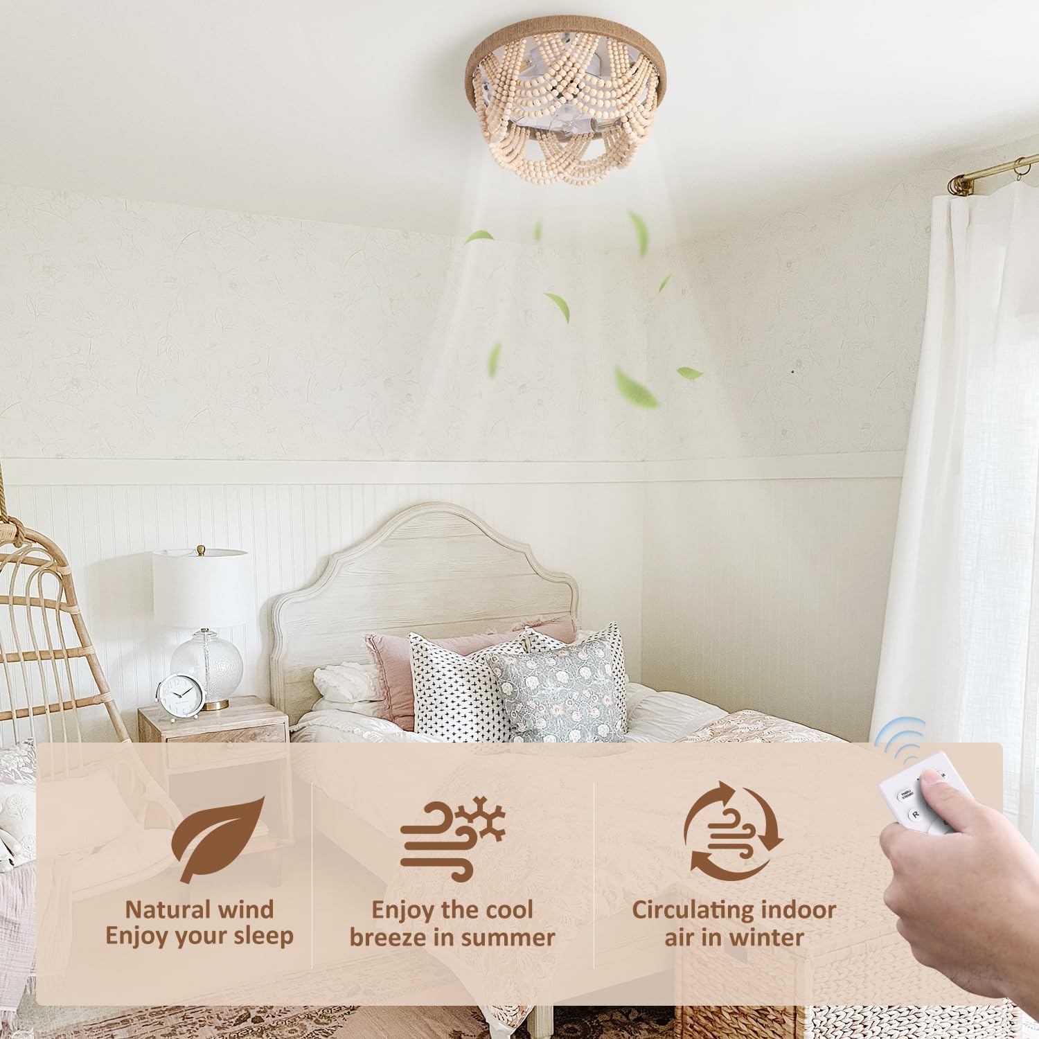 20' Boho Ceiling Fan with Light, Coastal Fandelier Ceiling Fans with Lights and Remote Control,Caged Wood Beaded Flush Mount with 6 Speeds for Living Room Bedroom Nursery