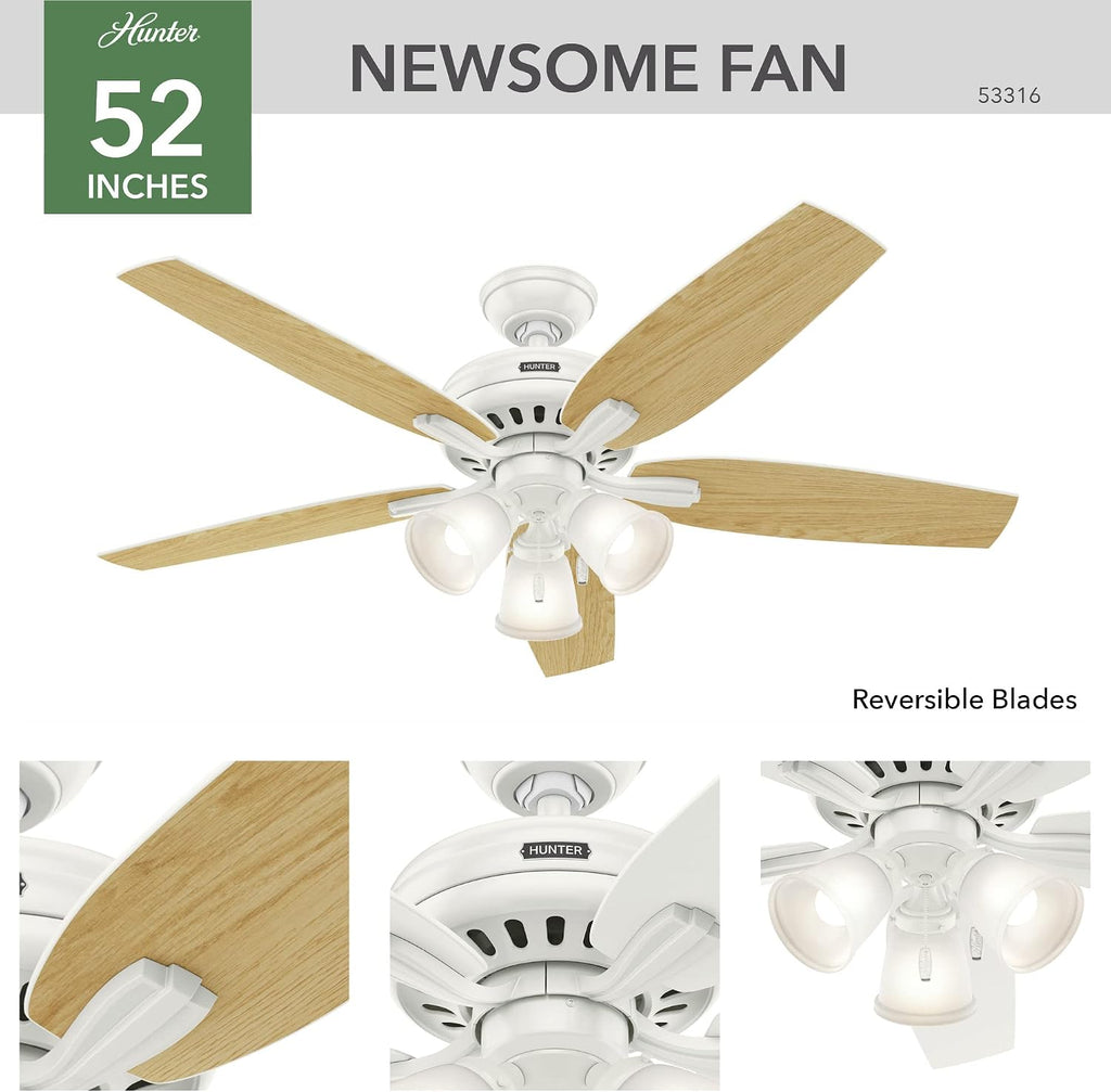 Hunter 52 inch Indoor Ceiling Fan with LED Lights - White Ceiling Fan with Pull Chain, For Bedroom or Living Room, Standard Mount, No Remote, 5 Blades, Includes Bulbs - Newsome 53316, Fresh White
