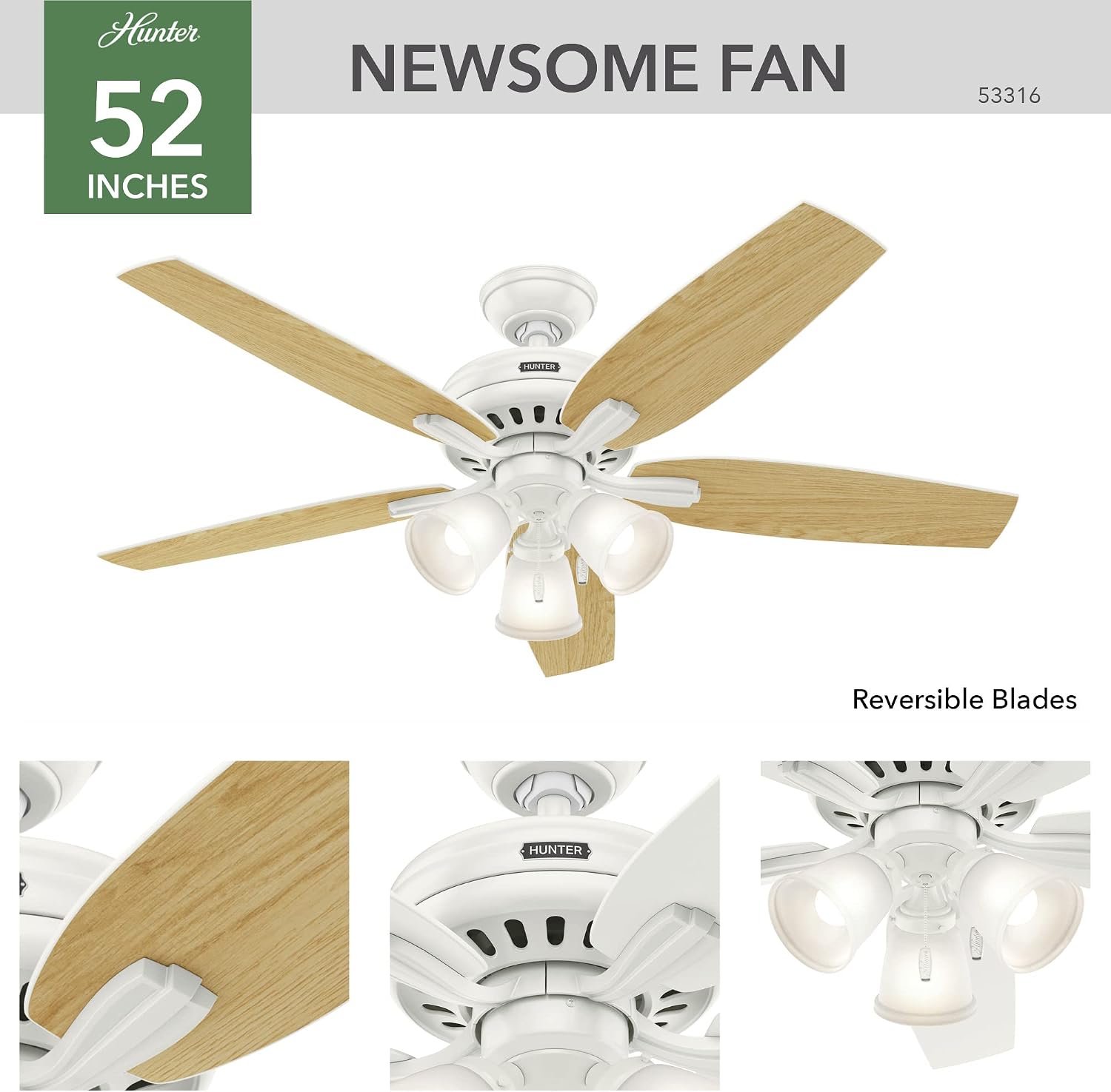 Hunter 52 inch Indoor Ceiling Fan with LED Lights - White Ceiling Fan with Pull Chain, For Bedroom or Living Room, Standard Mount, No Remote, 5 Blades, Includes Bulbs - Newsome 53316, Fresh White