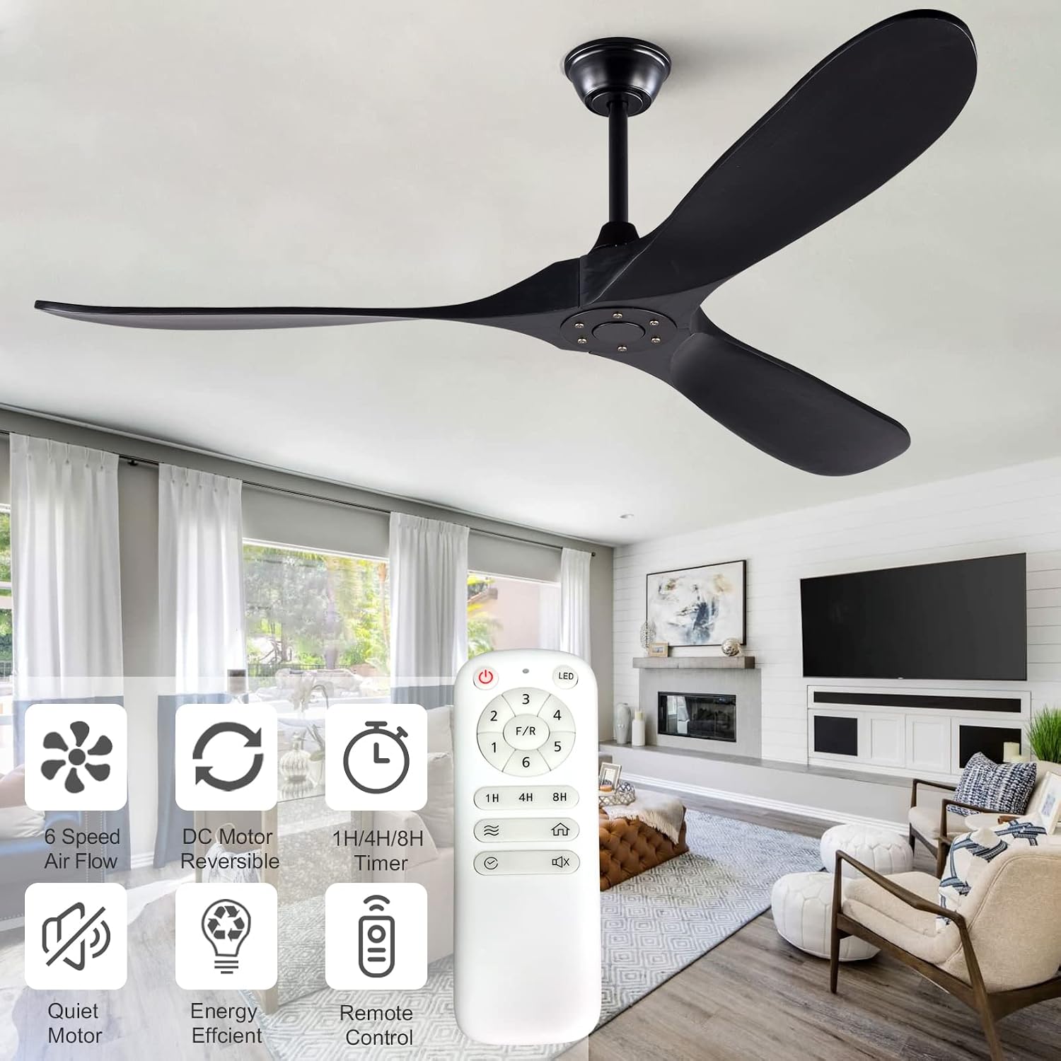 KBZZ 60 Inch Ceiling Fan no Light, Solid Wood Ceiling fan with 3 Blades, Remote Control and Reversible DC Motor, Indoor Bedroom Living Room Office Outdoor Ceiling Fans for Patio
