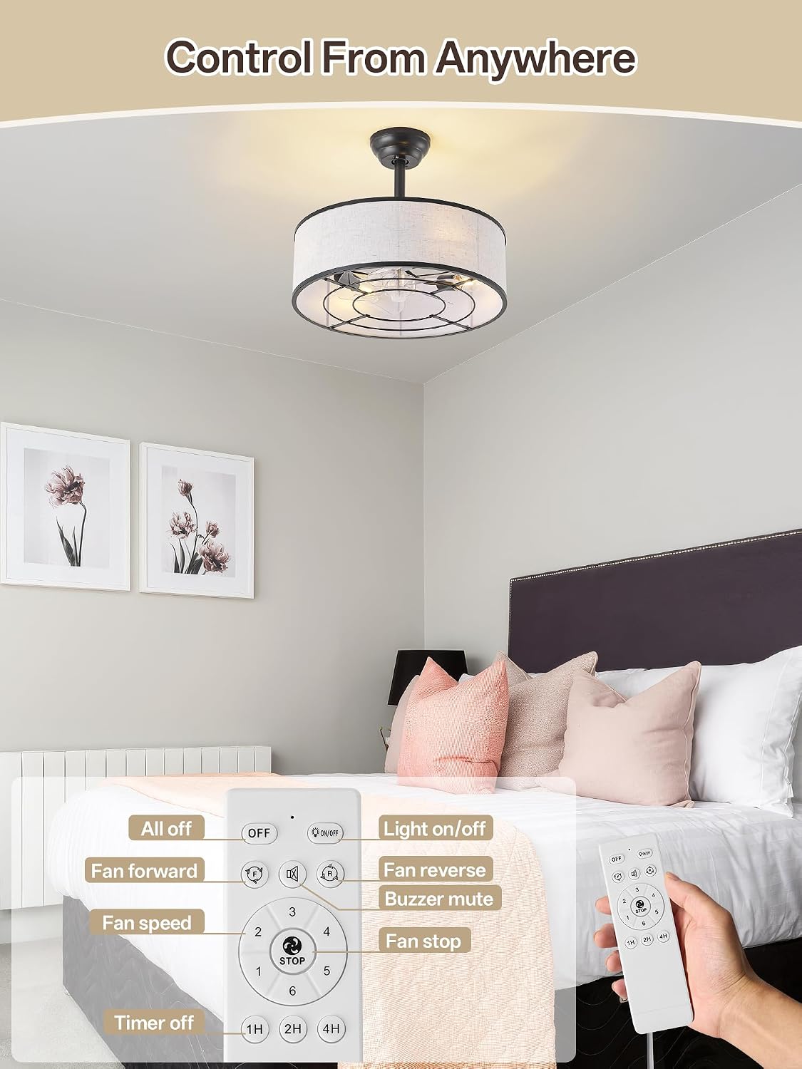 20' Black Caged Boho Fandelier Ceiling Fan with Light & Remote Control - Bladeless Chandelier Fan, 6 Speed Quiet Reversible Motor for Bedroom, Nursery, Living Room
