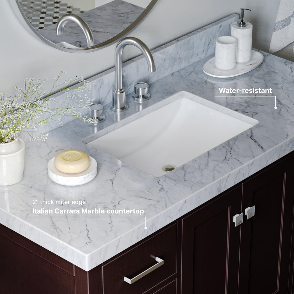ARIEL Cambridge 48-inch Bathroom Vanity with Sink,Solid Wood, 2-inch Italian Carrara Marble Countertop, Single Rectangular Porcelain Sink, 2 Soft Closing Doors, 9 Dovetail Drawers, Espresso