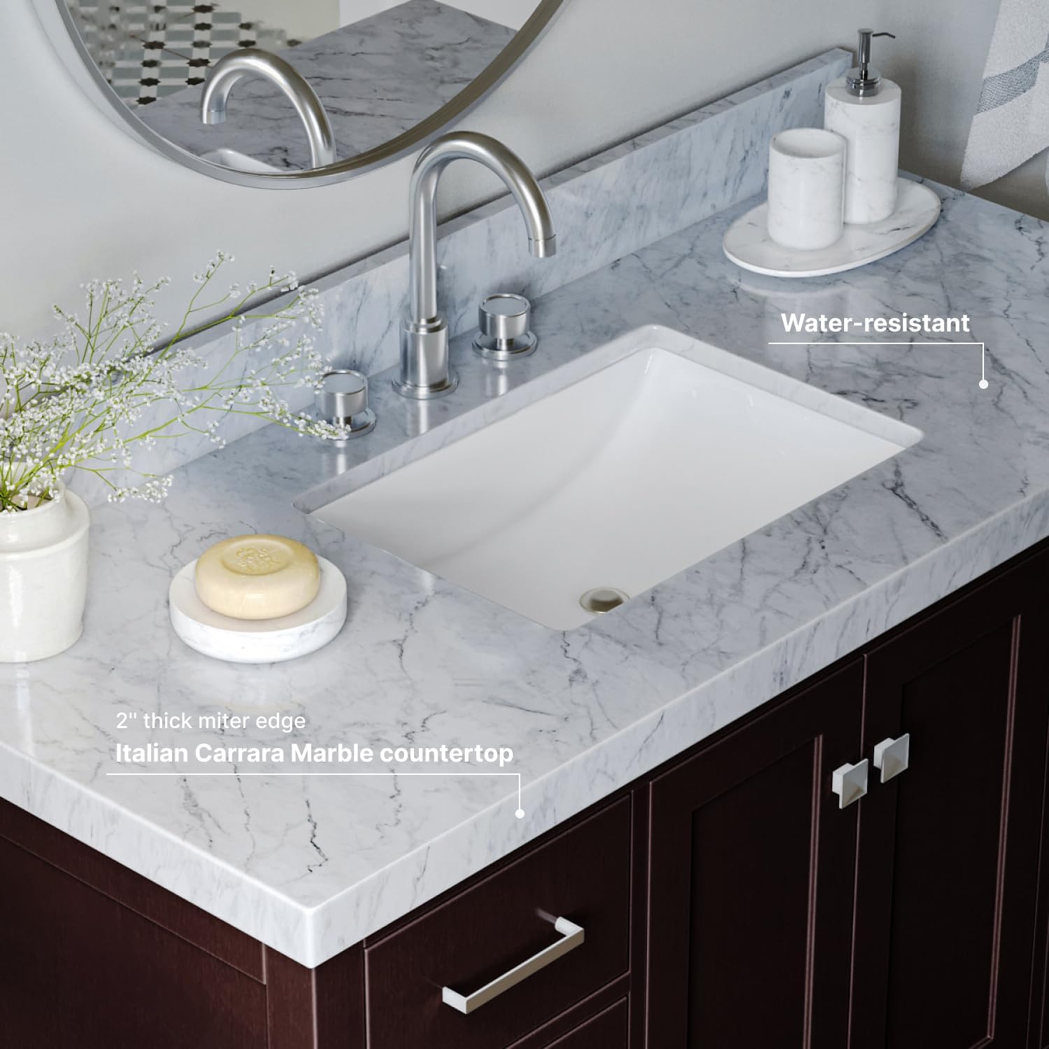 ARIEL Cambridge 48-inch Bathroom Vanity with Sink,Solid Wood, 2-inch Italian Carrara Marble Countertop, Single Rectangular Porcelain Sink, 2 Soft Closing Doors, 9 Dovetail Drawers, Espresso