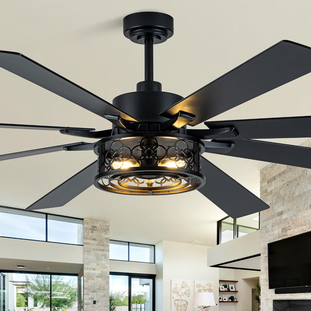 Dawn Whisper 72 Inch Ceiling Fans with Lights Black Farmhouse Ceiling Fan with Remote Quiet Reversible DC Motor 6 Speeds 8 Blades