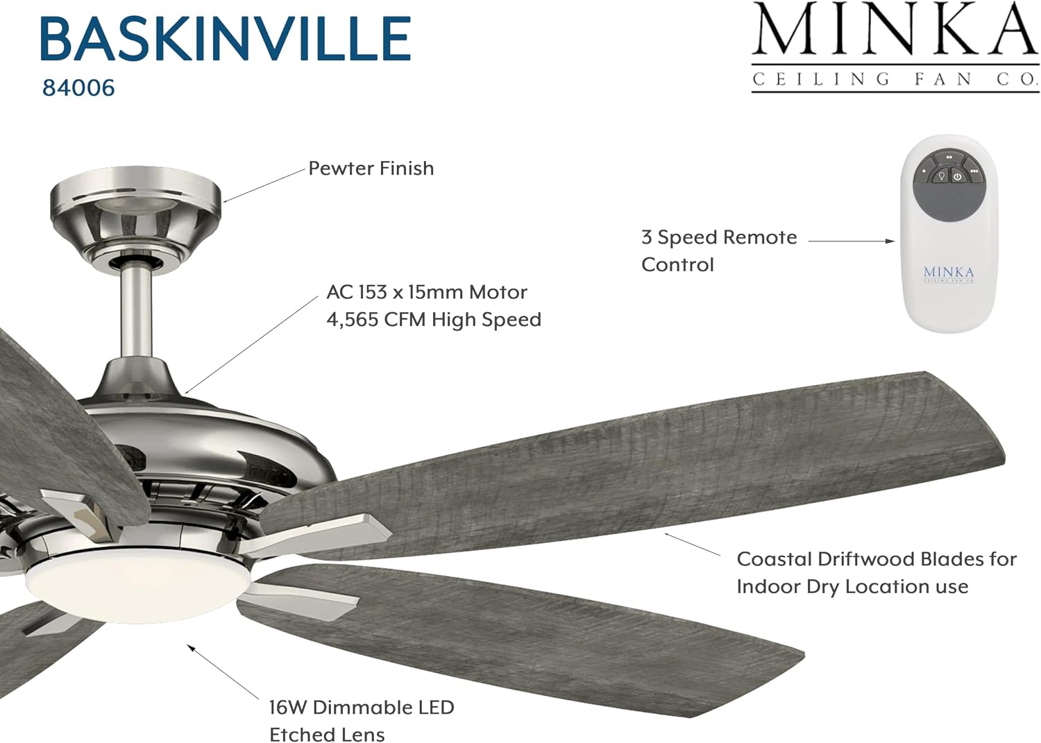 Baskinville 52-Inch Integrated LED Ceiling Fan with Light and Remote - Pewter with 5 Coastal Driftwood Blades by Minka Ceiling Fan Co.