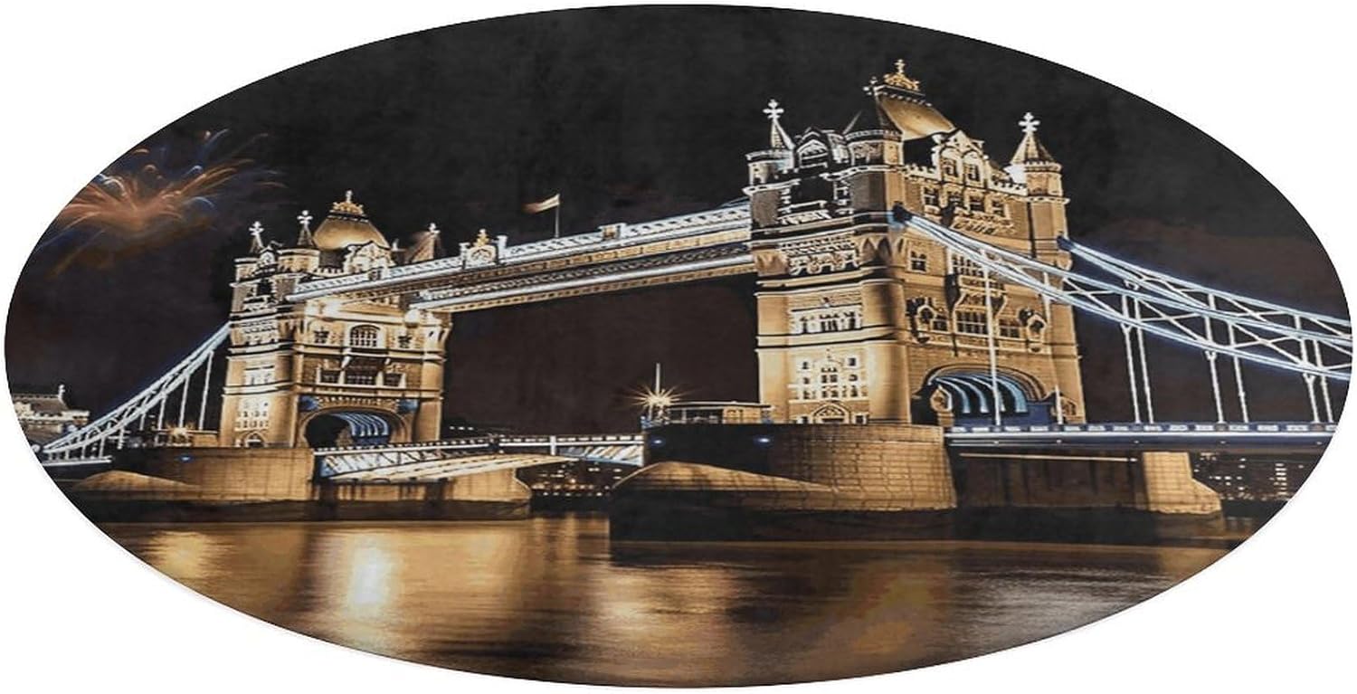 Night London Tower Bridge Coral Velvet Round Floor Mat Non-Slip Bath Rug Floor Covering for Bathroom Vanity Guest Suite & Vacation Home