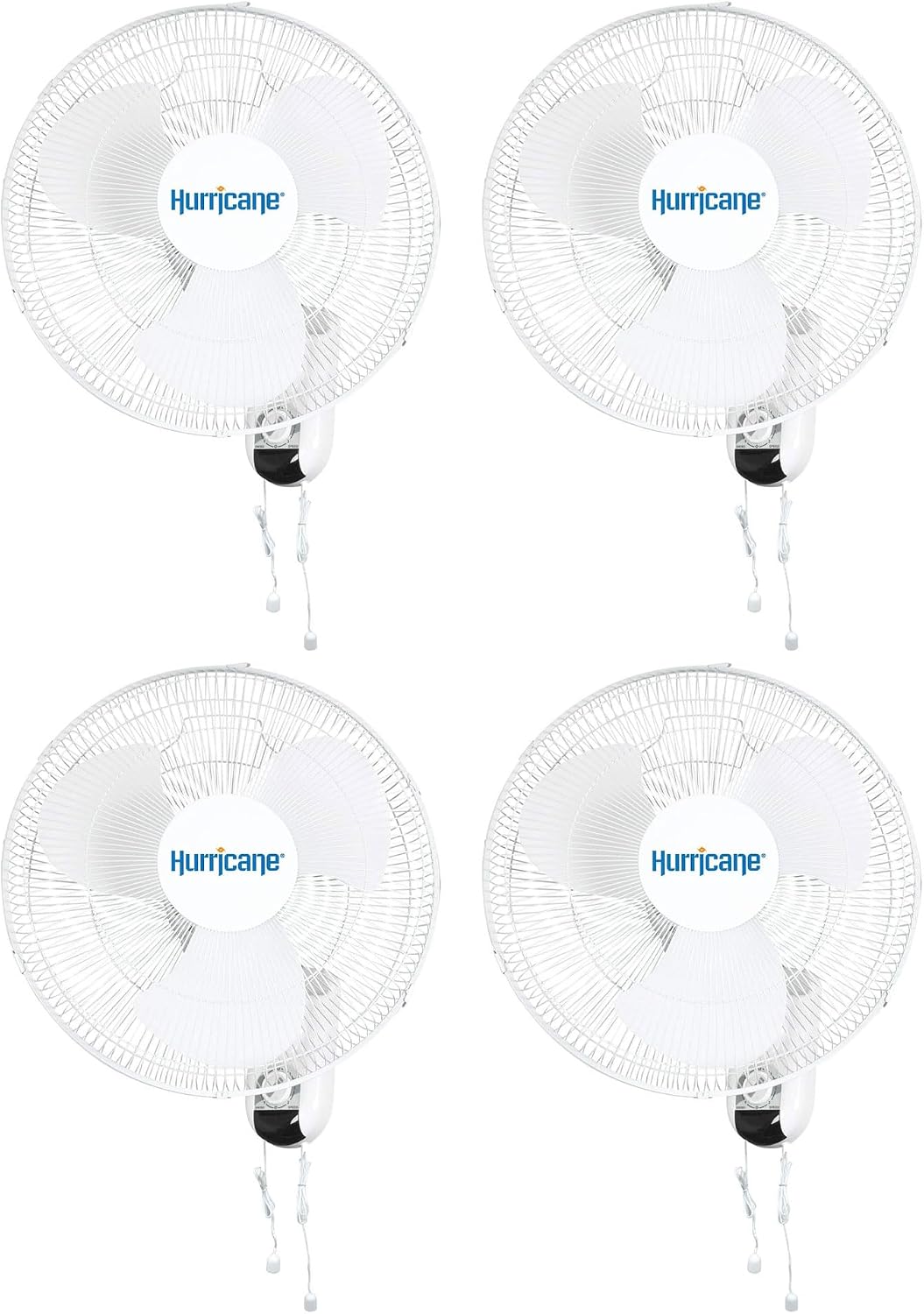 Hurricane Classic 4 Pack Oscillating Wall Mount Fan w/ 3 Quite Speeds, White, 16' - Corded Electric Air Cooling Unit w/Pull Cord Controls for Home, Grow Tents, Offices, Sheds, Studios, Garages, Dorms