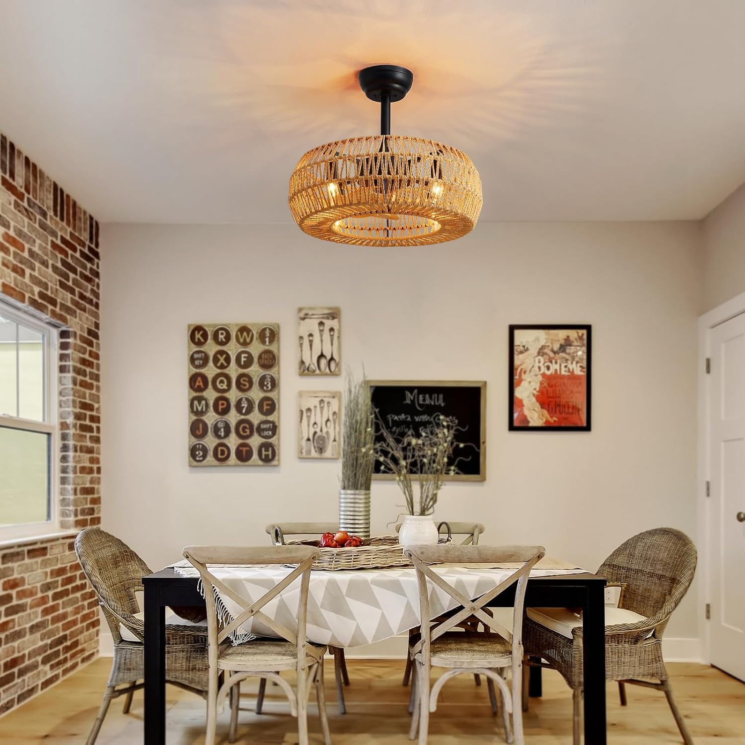 20' Boho Caged Ceiling Fan with Lights Remote Control, Rattan Cage Low Profile Bladeless Ceiling Fan, Farmhouse Ceiling Fans with Light for Kitchen, Bedroom, Dining Room