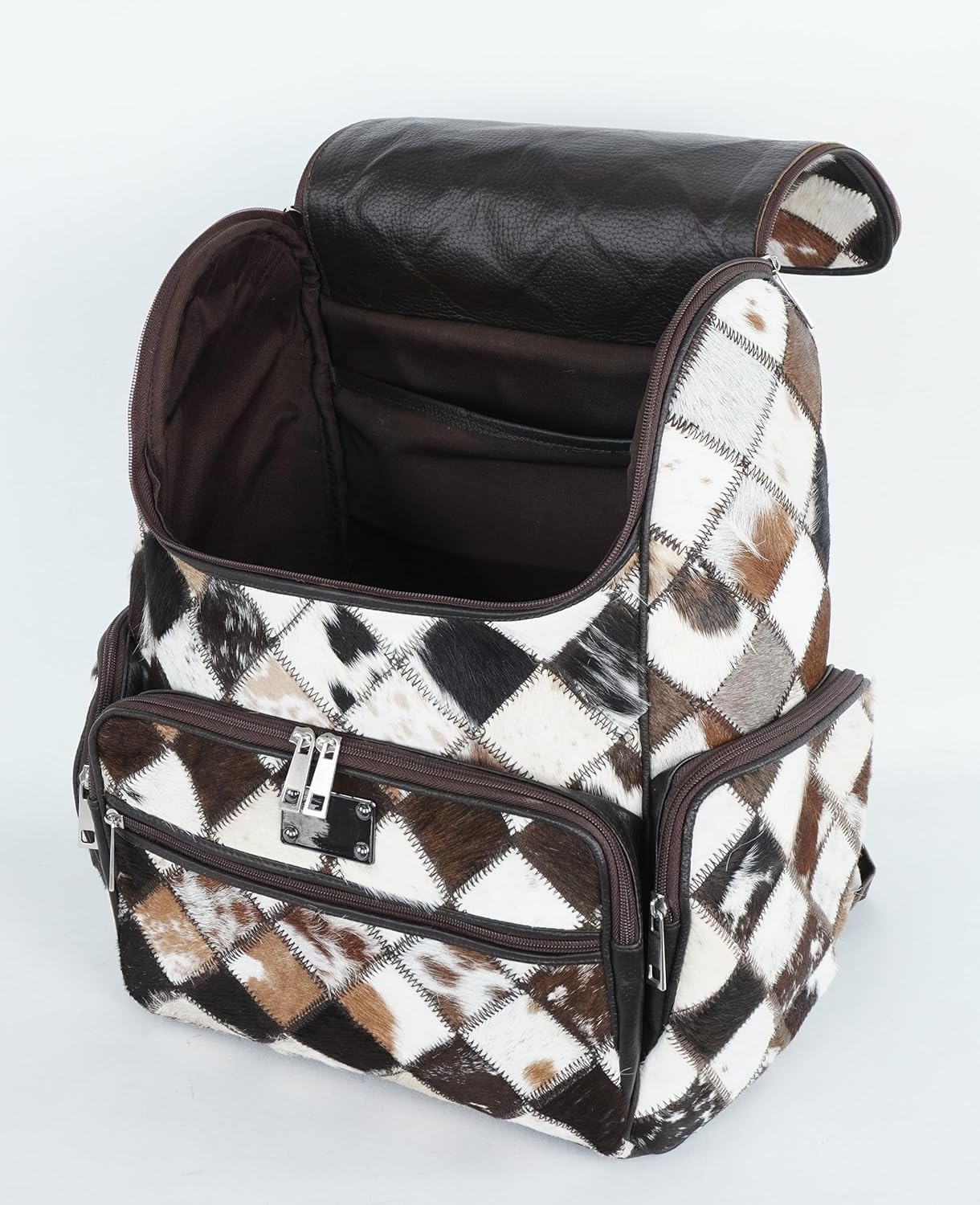 Western Brown Patchwork Cowhide Leather Backpack - Everyday Travel Backpack - Genuine Leather Cow Print Checkered Diaper Bag