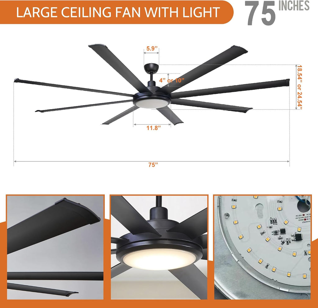 Parrot Uncle Ceiling Fans with Lights and Remote, 75 Inch Black Industrial Ceiling Fan with LED Light for Bedroom Living Room Indoor Outdoor, 6-Speeds Reversible DC Motor, 8 Aluminum Blades, Timer