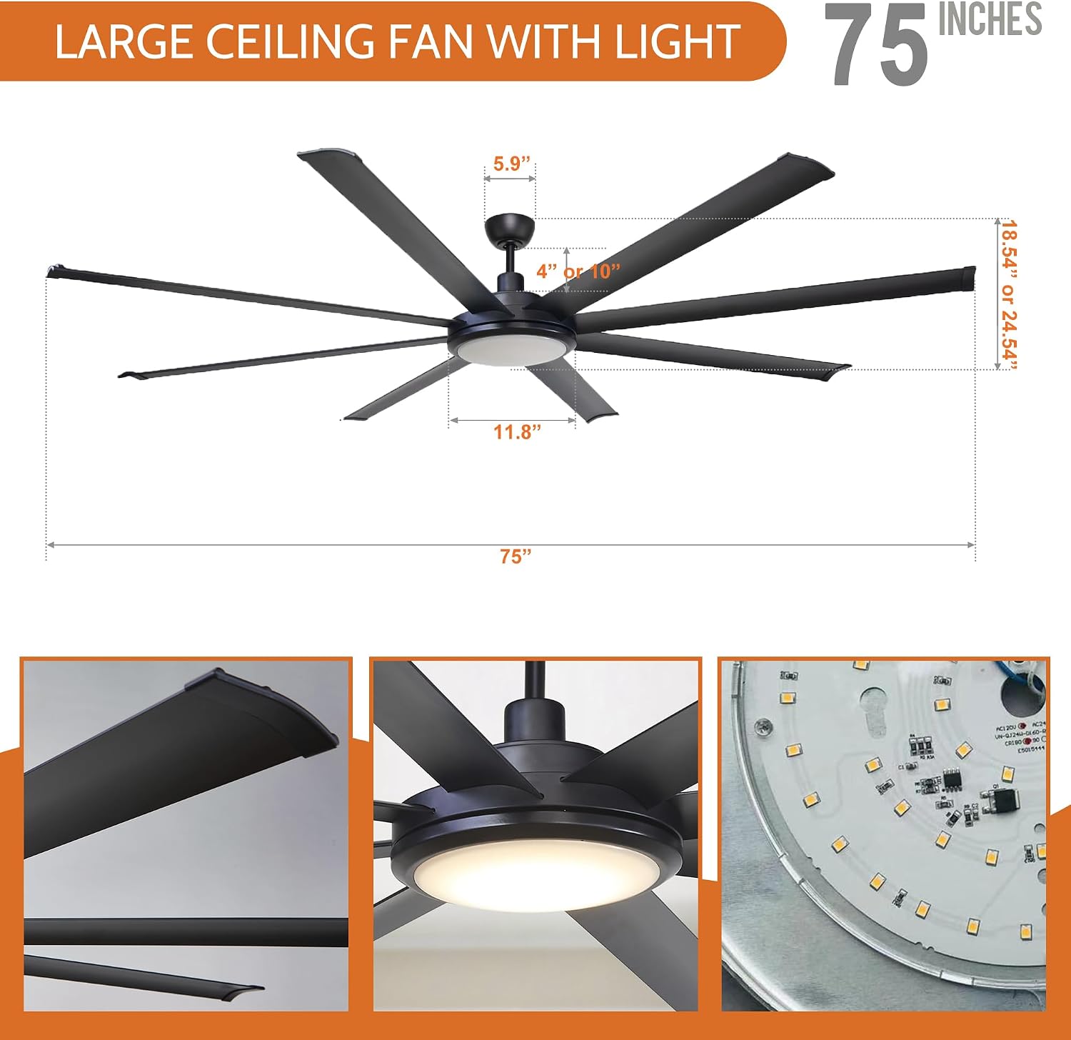 Parrot Uncle Ceiling Fans with Lights and Remote, 75 Inch Black Industrial Ceiling Fan with LED Light for Bedroom Living Room Indoor Outdoor, 6-Speeds Reversible DC Motor, 8 Aluminum Blades, Timer
