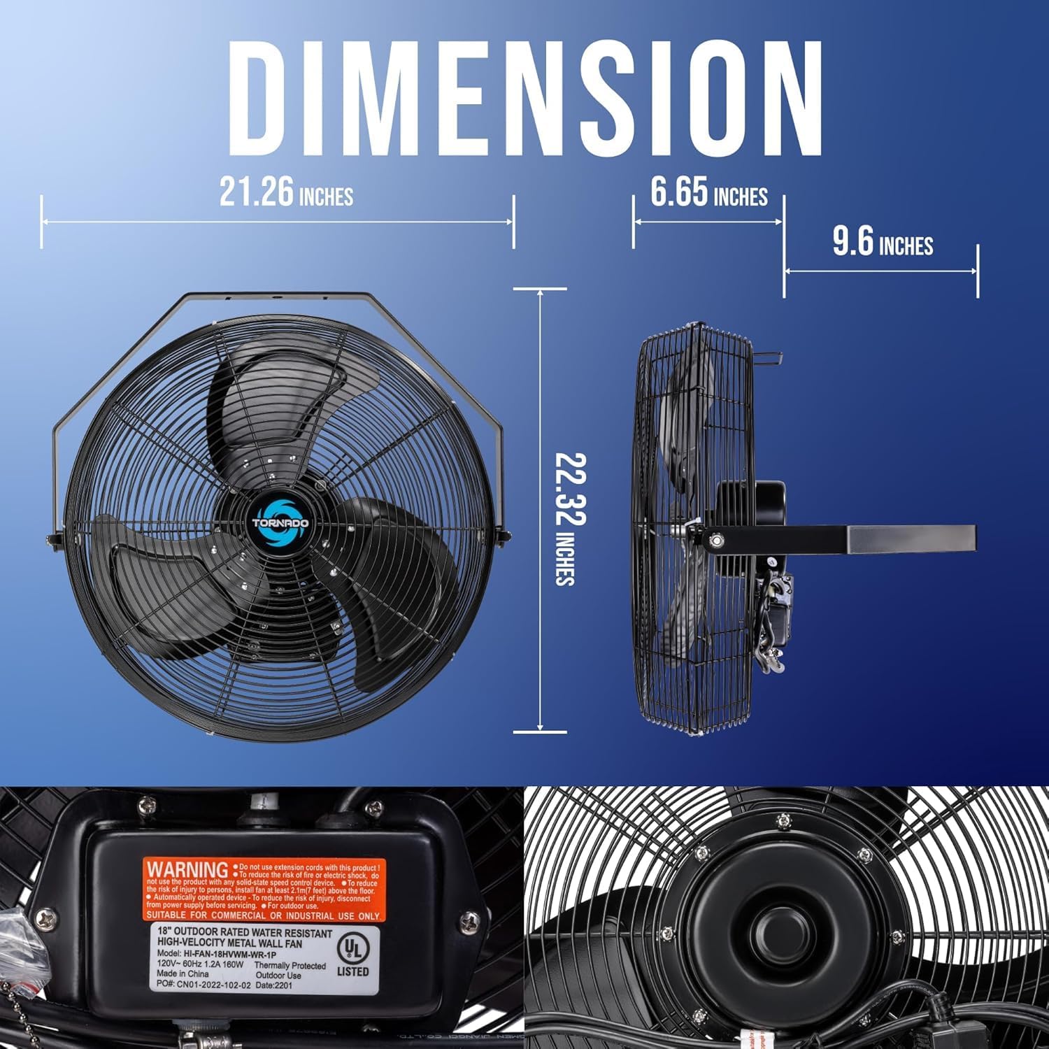 Tornado 2 Pack 20 Inch Outdoor Rated IPX4 Water-Resistant High Velocity Fan Industrial Workstation Wall Mount Fan For Commercial, Industrial, Greenhouse Use 3 Speed 4750 CFM UL Safety Listed