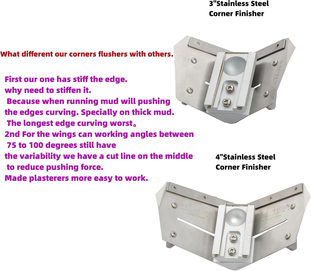 Stainless Steel Corner Finisher Set - SIPHON DRYWALL PRODUCTS ™ | Corner Finisher/glazer/Angle Head | Thick Compounds | Drywall Finishing Tools | Sheetrock Gyprock Plasterboard Wallboard