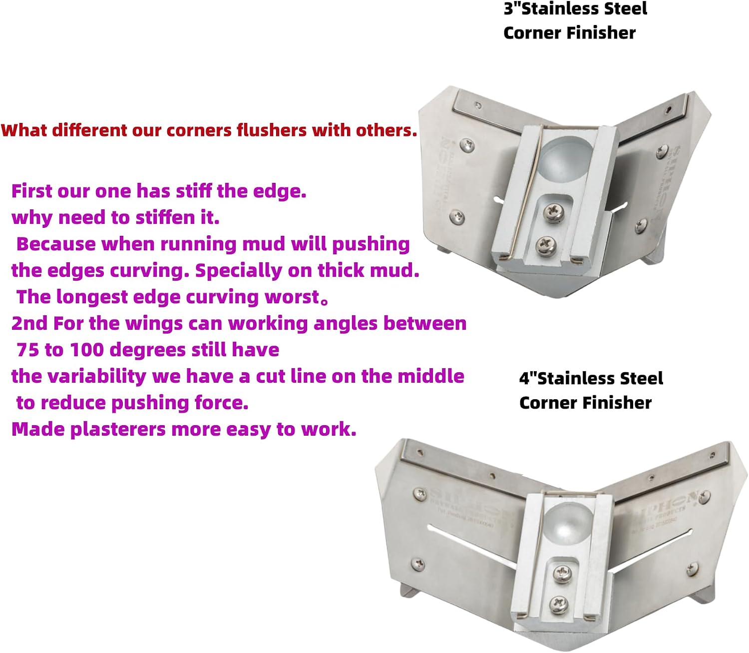 Stainless Steel Corner Finisher Set - SIPHON DRYWALL PRODUCTS ™ | Corner Finisher/glazer/Angle Head | Thick Compounds | Drywall Finishing Tools | Sheetrock Gyprock Plasterboard Wallboard