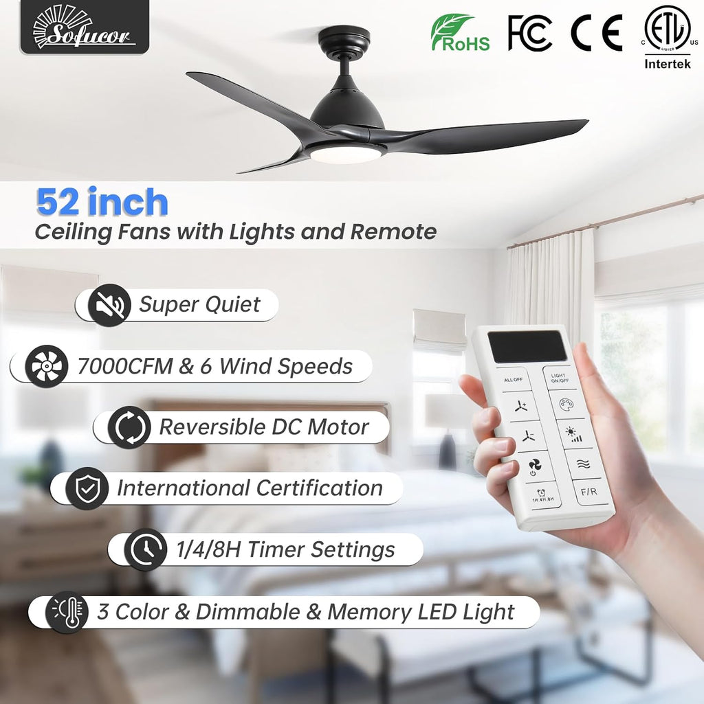 Sofucor 52 Inch Smart Ceiling Fan with Light, Modern Ceiling Fan with 3 Plastic Blade, Quiet, Dimmable, Compatible with Alexa/Google/App, 6 Speeds 7000CFM, Timer Quiet Reversible DC Motor, Black