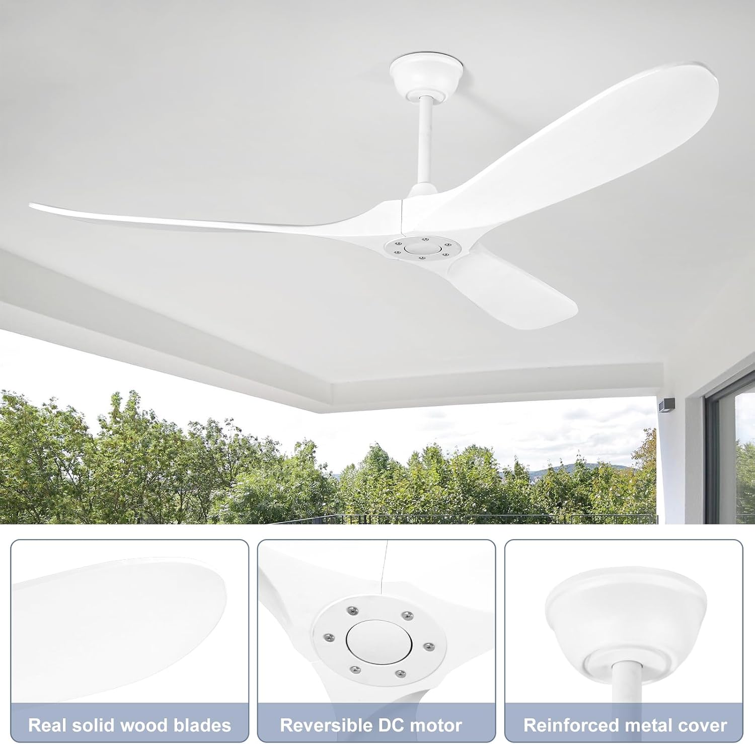 Solid Wood Ceiling Fans no Light,60'' White Ceiling Fan with Remote Control,DC Motor with Large Airflow,Indoor and Outdoor Ceiling Fan for Living Room,Bedroom,Patios