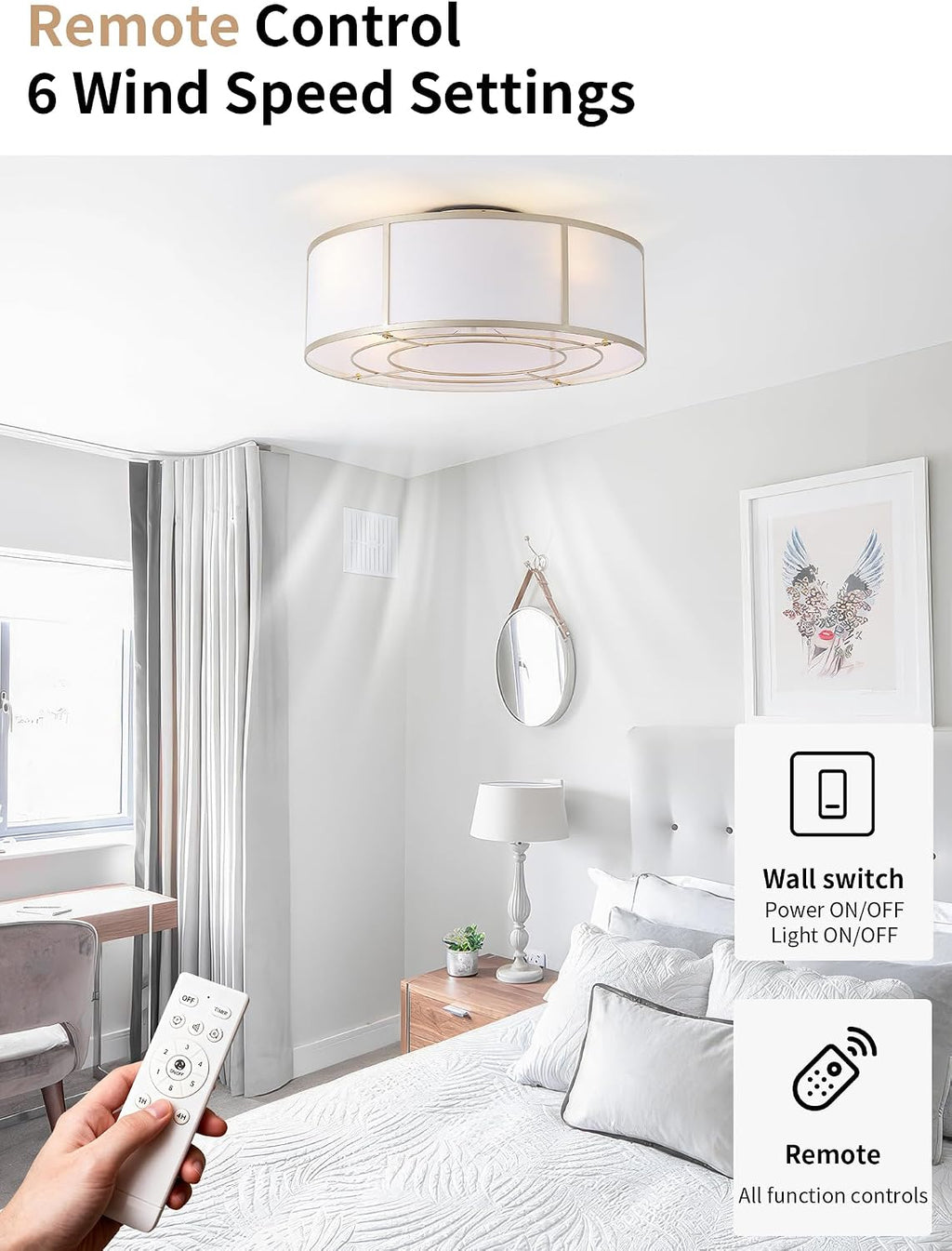 Caged Ceiling Fans with Lights Flush Mount, Low Profile Ceiling Fan with Lights Remote Control, 20'' Modern Bladeless 6 Speeds for Bedroom, Nursery, Kitchen, Gold