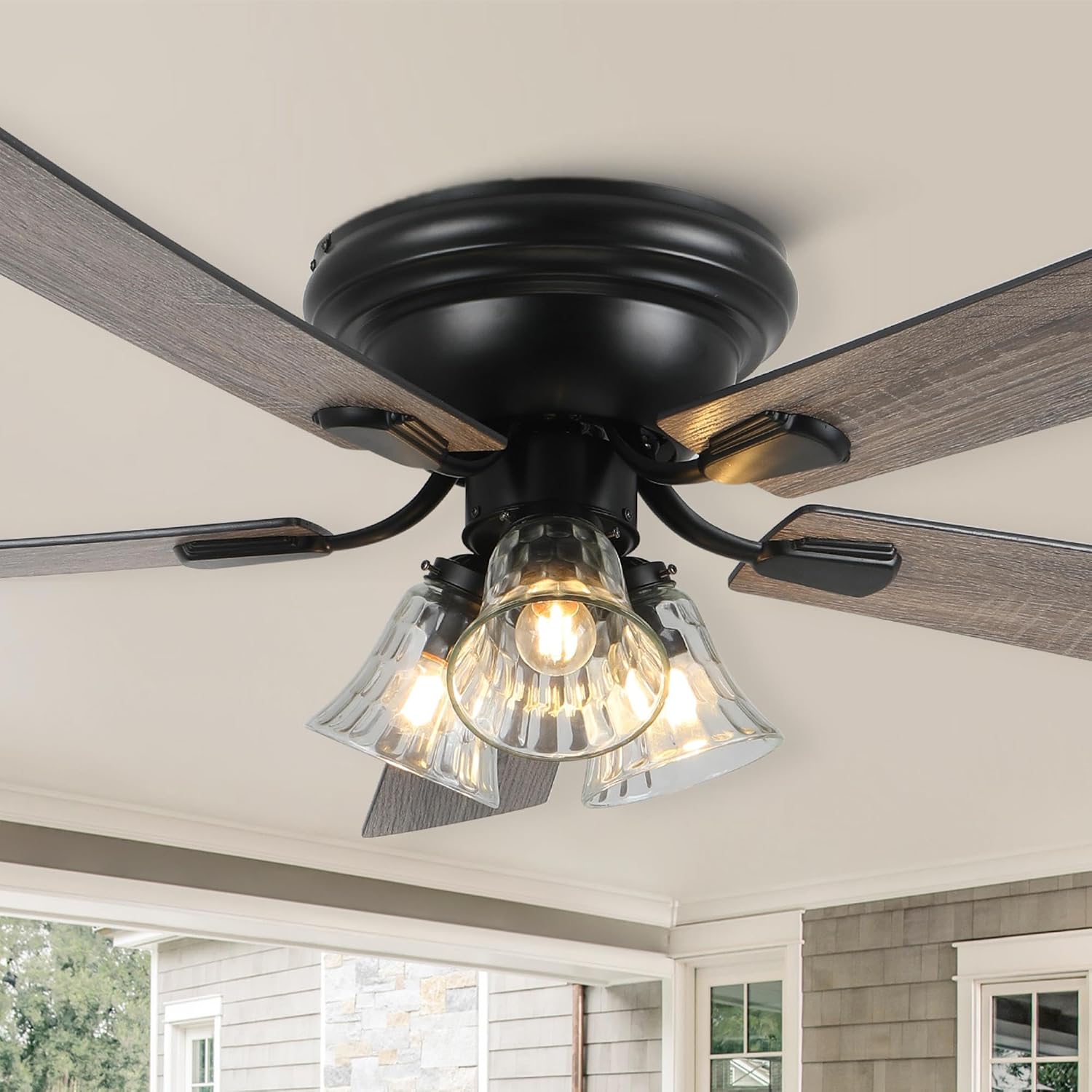 52' Flush Mount Farmhouse Ceiling Fan with Lights and Remote, Rustic Vintage Ceiling Fan Antique Fandelier 3-Lights 5 Reversible Blades Chandelier for Bedroom Living Room Dining Room