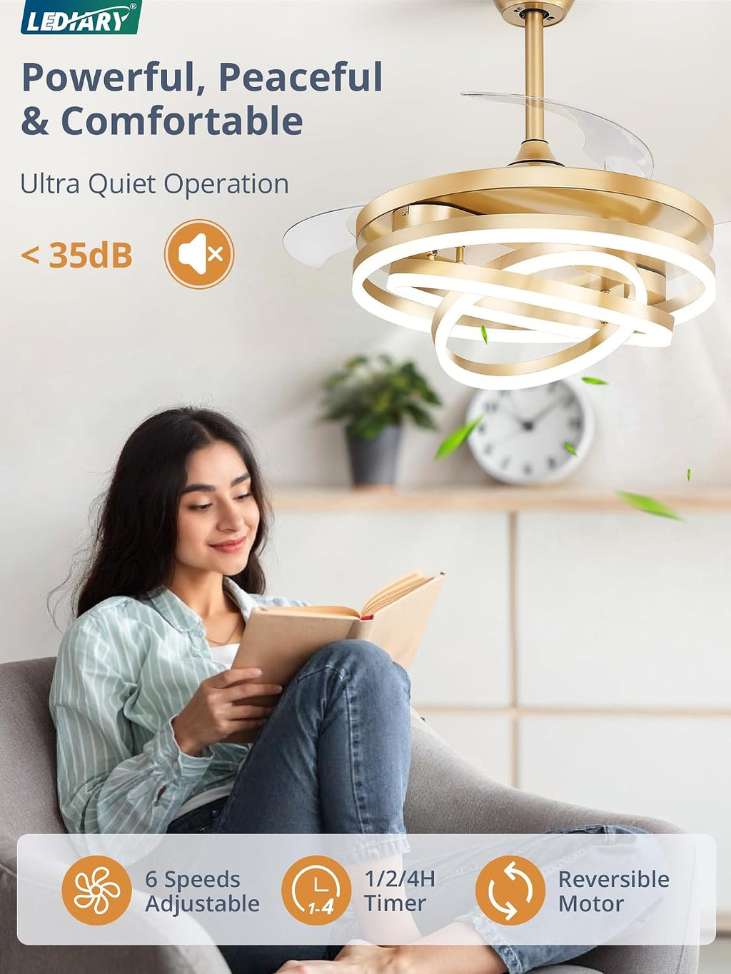 LEDIARY 42 Inch Retractable Ceiling Fan with Lights, Fandelier Ceiling Fan with 6 Speeds,3000K-6000K Adjustable,and DC Motor,Chandelier Ceiling Fans with Lights and Remote for Bedroom Living Room,Gold