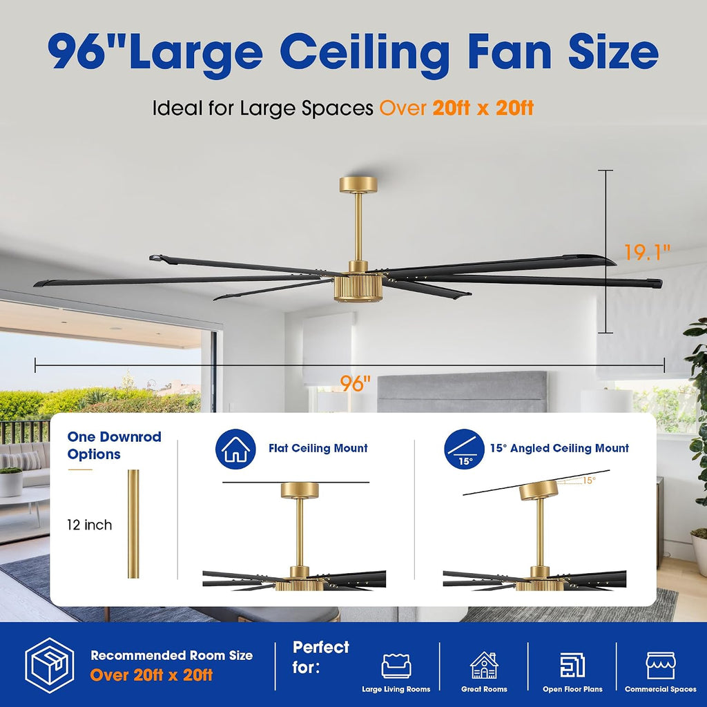 96 Inch Ceiling Fans without Light, Industrial Large Commercial Fan for Shop Gym Garage, Remote Control, Reversible DC Motor, 6 Black Aluminum Blades, Big Outdoor Ceiling Fans for Patios, Vintage Gold