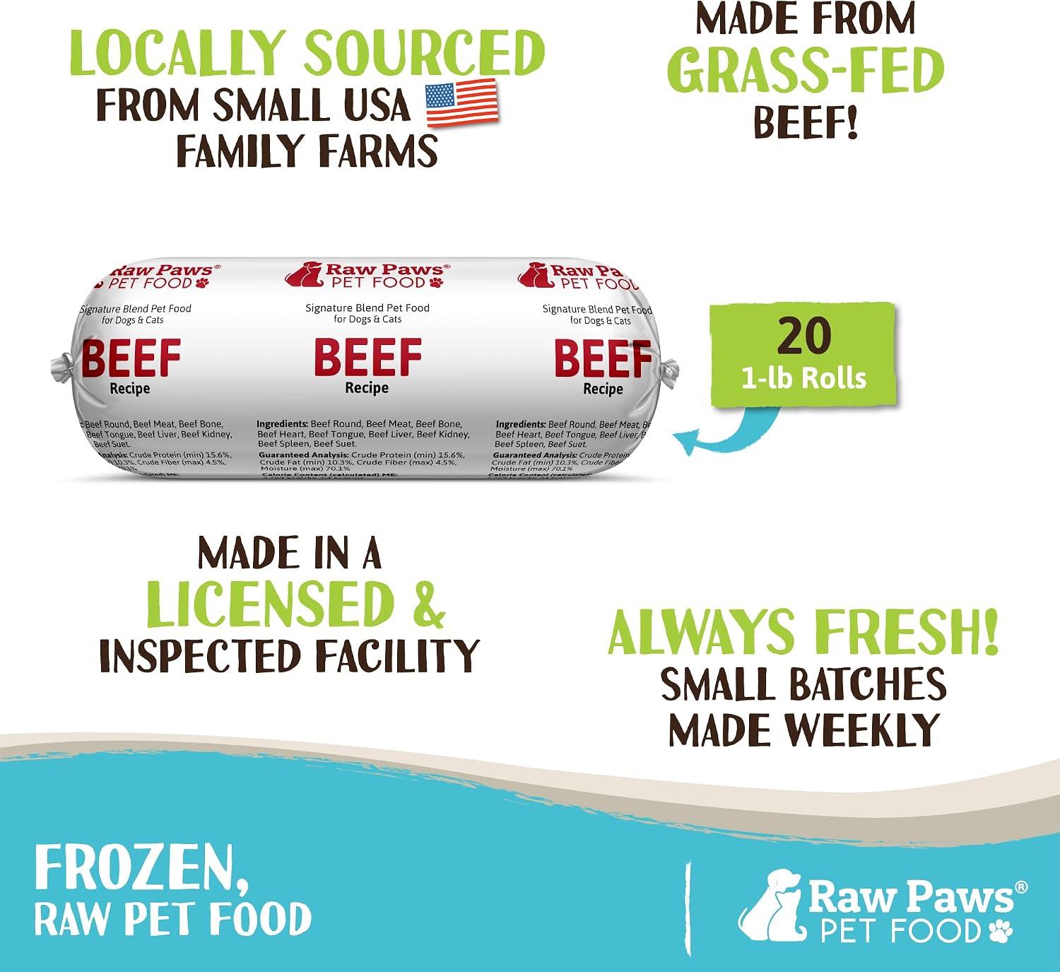 Raw Paws Signature Blend Pet Food for Dogs & Cats - Beef Recipe, 1-lb Rolls (20 Pack) - Fresh Pet Food Made in USA, Grass-Fed Beef, Natural Dog Food Rolls, Raw Frozen Dog Food & Cat Food