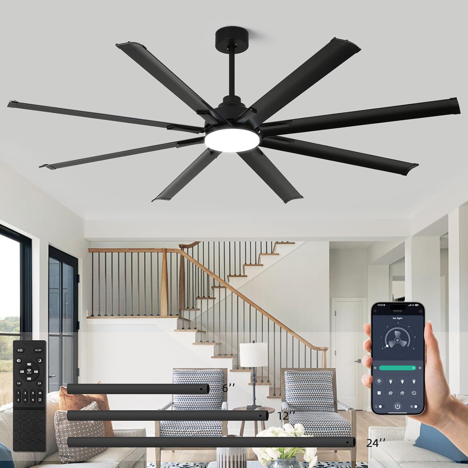 72 inch Ceiling Fans with Lights and Remote Control，Large Ceiling Fan with 8 Aluminum Blades, 3CCT, 6-Speed,Black Commercial Ceiling Fan for Porch/Garage/Shop/Living Room