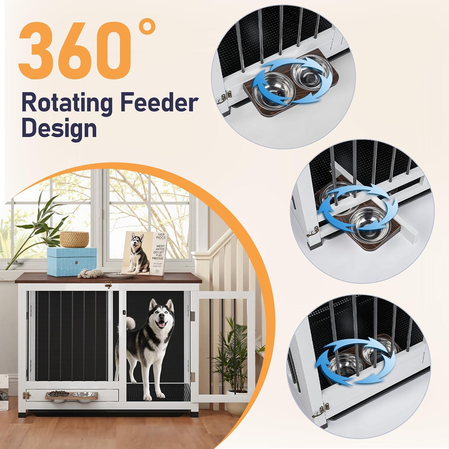Dog Crate Furniture - 31.5' Wooden Dog Cage with Removable Tray & 360° Rotating Feeder | Multi-Functional Dog Kennel End Table for Small & Medium Dogs | Indoor Portable Pet Crates | Easy Assembly