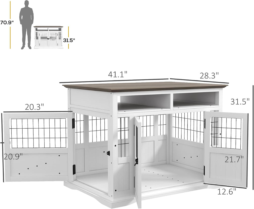 PawHut Dog Crate Furniture Side End Table with Storage, 41' Modern Wooden Dog Kennel Furniture with Double Doors for Small and Medium Dogs, White