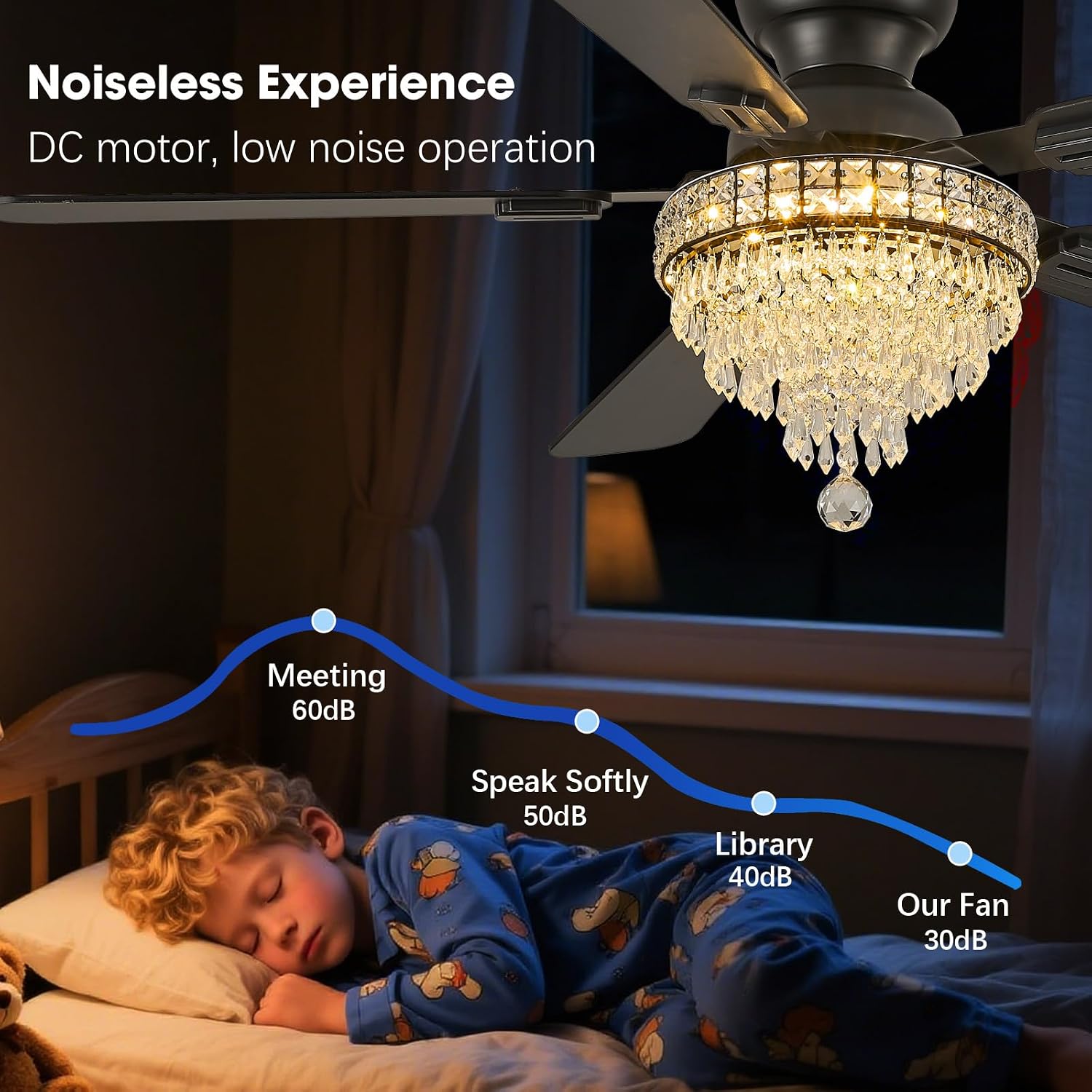 52' Crystal Ceiling Fans with RGB Lights, Remote/App Control, Modern Fandelier Flush Mount, Reversible DC Motor, Dimmable, Noiseless Ceiling Fan for Bedroom, Living Room (Black)