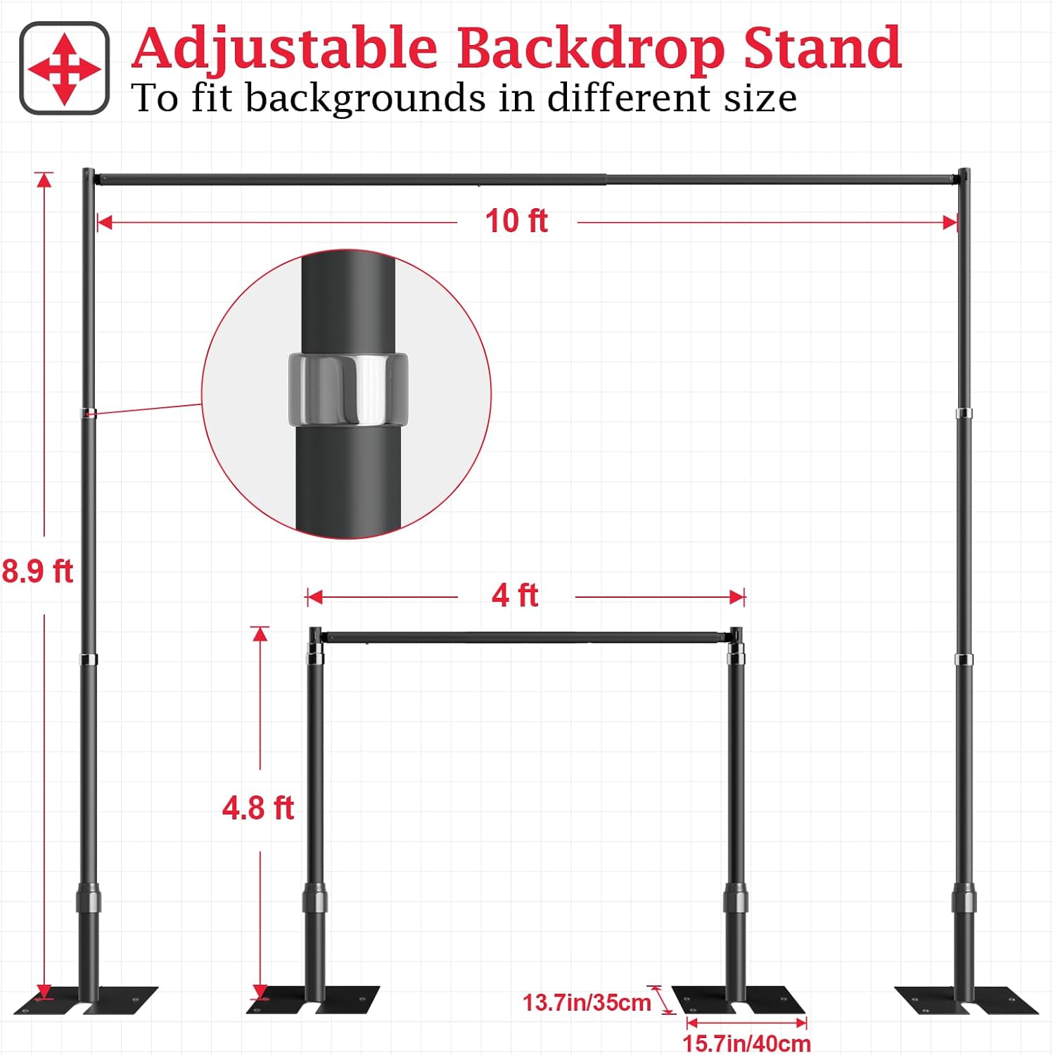 EMART Pipe and Drape Backdrop Stand Kit, 8.9ftx10ft Heavy Duty Adjustable Photo Background, Metal Frame with Flat Base for Wedding, Birthday Party, Banquet Decorations - Black