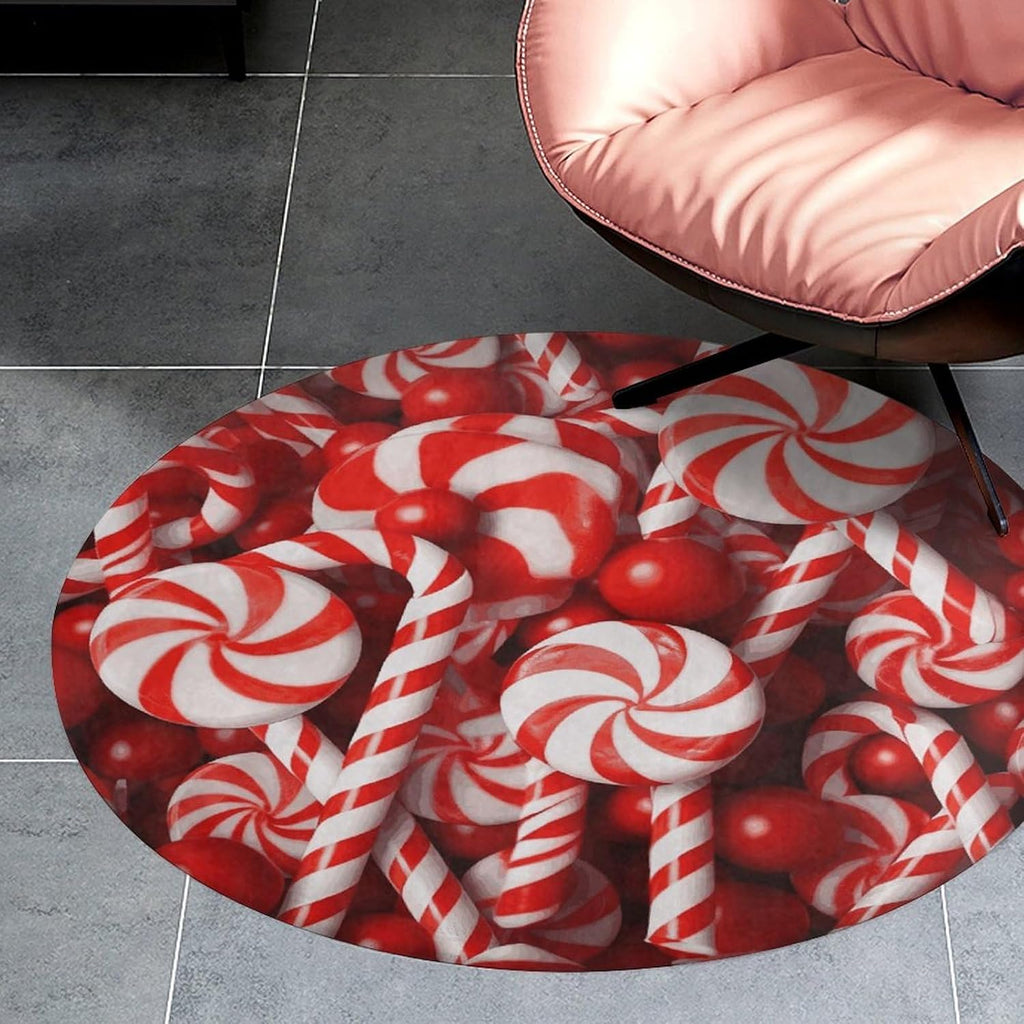 Candy Canes Coral Velvet Round Floor Mat Non-Slip Bath Rug Floor Covering for Bathroom Vanity Guest Suite & Vacation Home