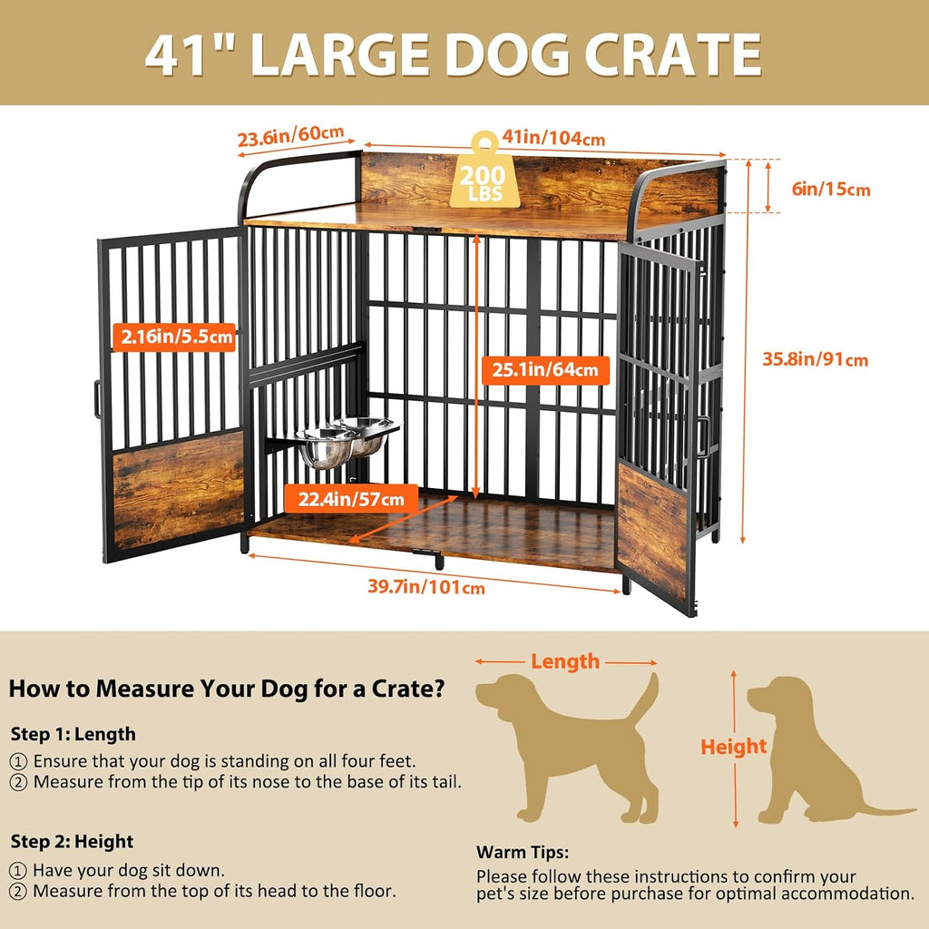 41 in Dog Crate Furniture, Medium Dog Kennel Indoor with Adjustable Bowls, Wooden Dog Cage Table Decorative for Small, Medium, Dog, Brown 41' L X 24' W X 36' H