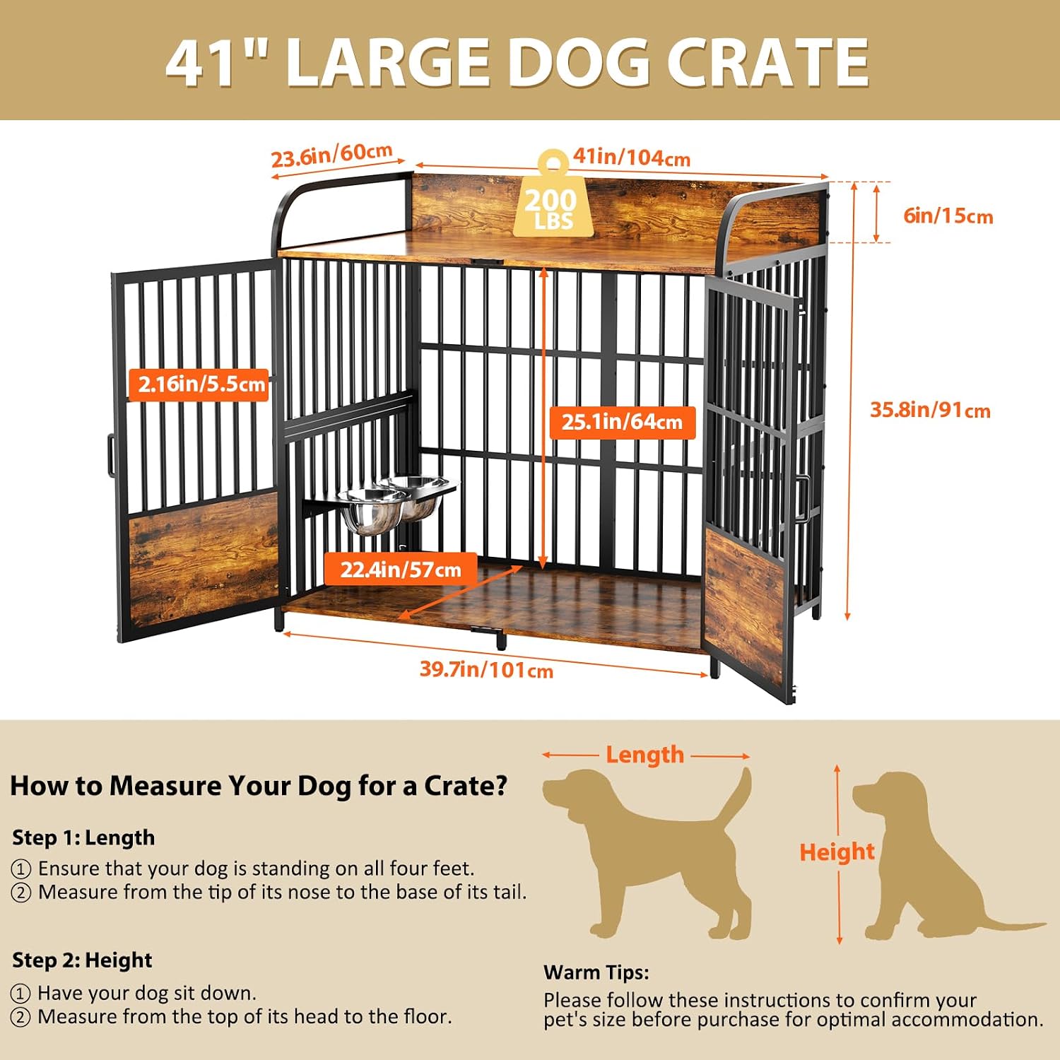 41 in Dog Crate Furniture, Medium Dog Kennel Indoor with Adjustable Bowls, Wooden Dog Cage Table Decorative for Small, Medium, Dog, Brown 41' L X 24' W X 36' H