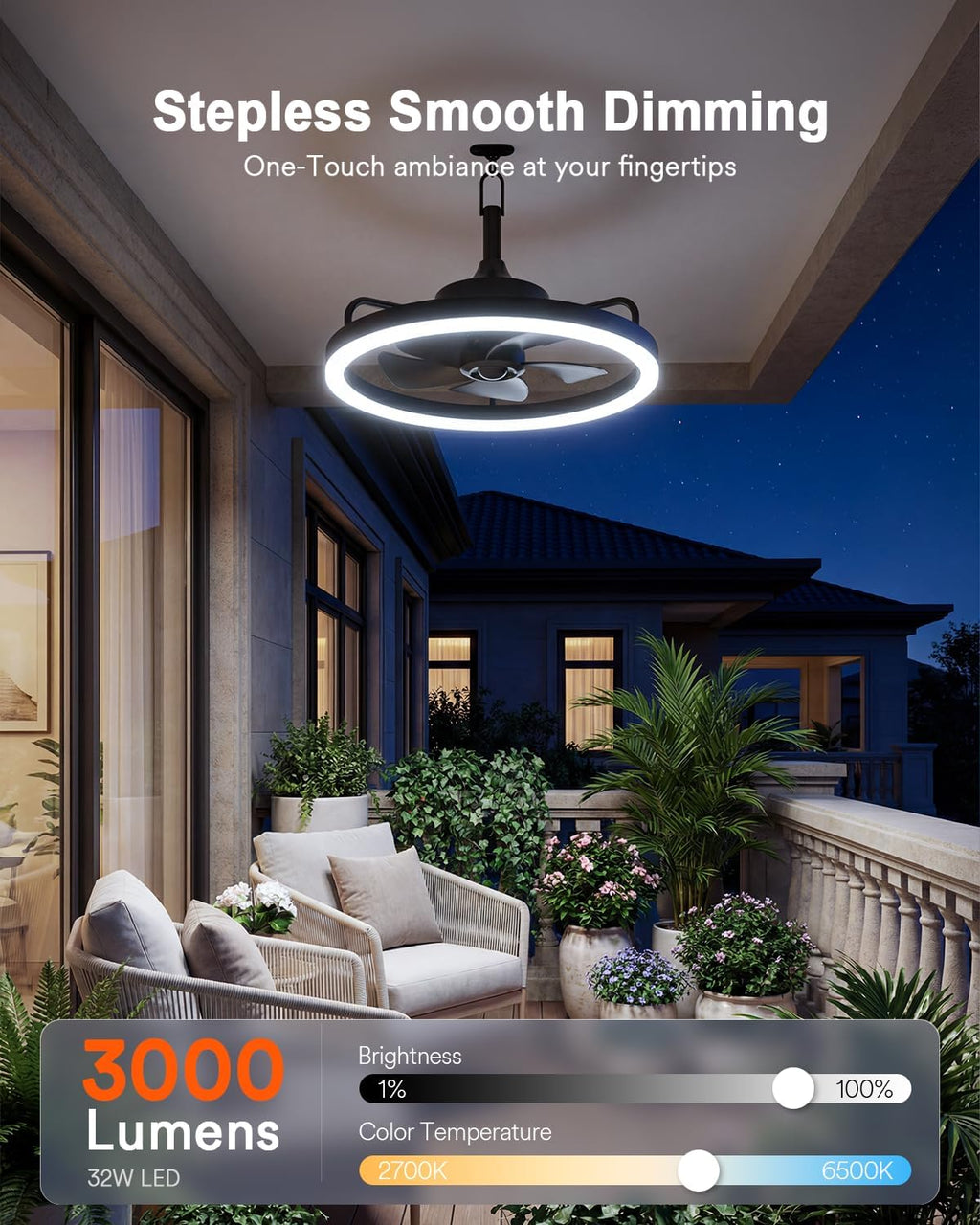 Lumary Smart Outdoor Ceiling Fans with RGBAI Lights for Patio, Wi-Fi Bluetooth Connect, Work with Alexa Google, Waterproof Plug in Ceiling Fan with Hook/Remote/APP Control for Pergola Gazebo, 20in