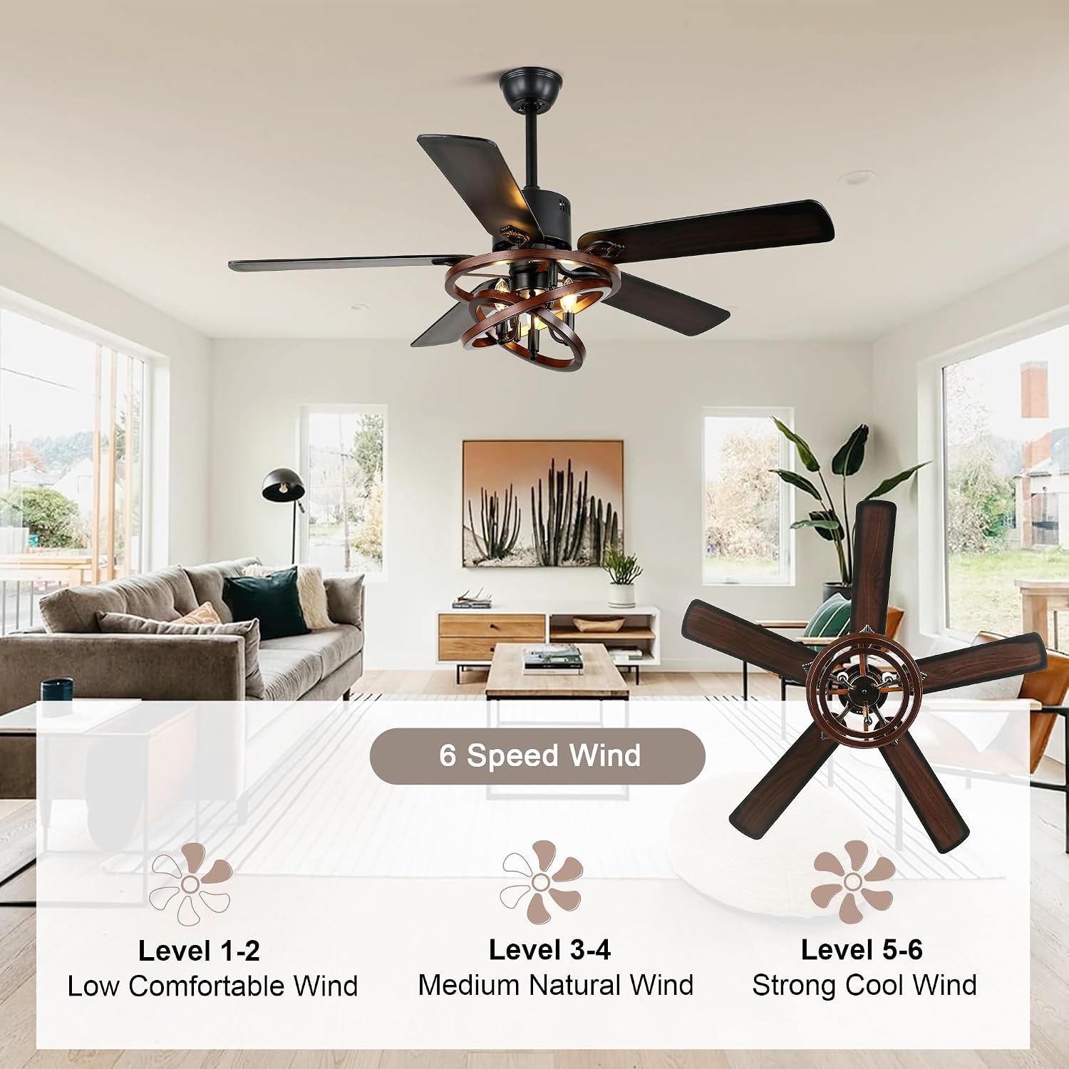 52' Farmhouse Ceiling Fan with Lights and Remote Control, Rustic Fandalier Ceiling Fan DIY Shape Caged Chandelier Light for Living Room Indoor Outdoor, 3 E12 Bulbs (Not Included)