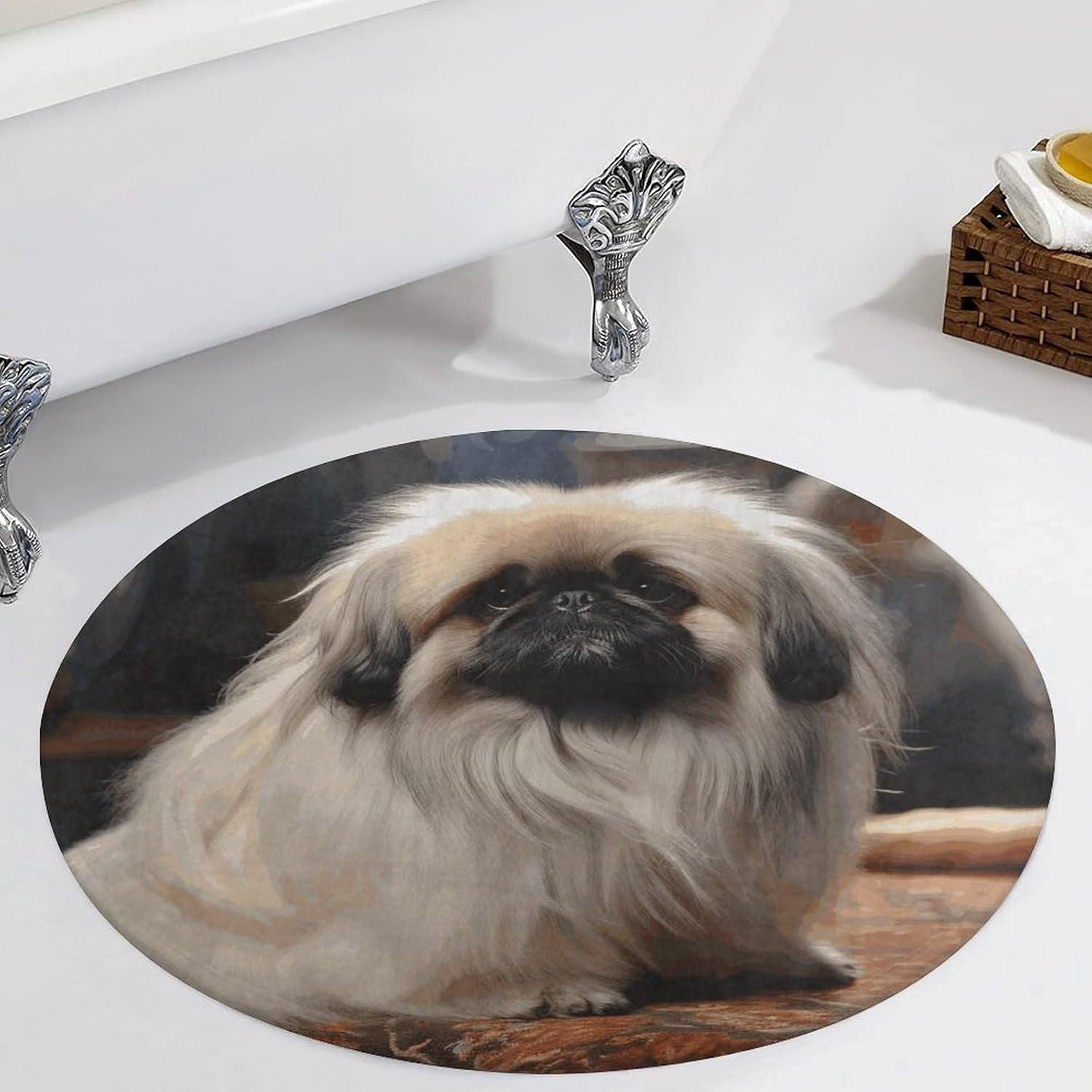 Pekingese Dog Coral Velvet Round Floor Mat Non-Slip Bath Rug Floor Covering for Bathroom Vanity Guest Suite & Vacation Home