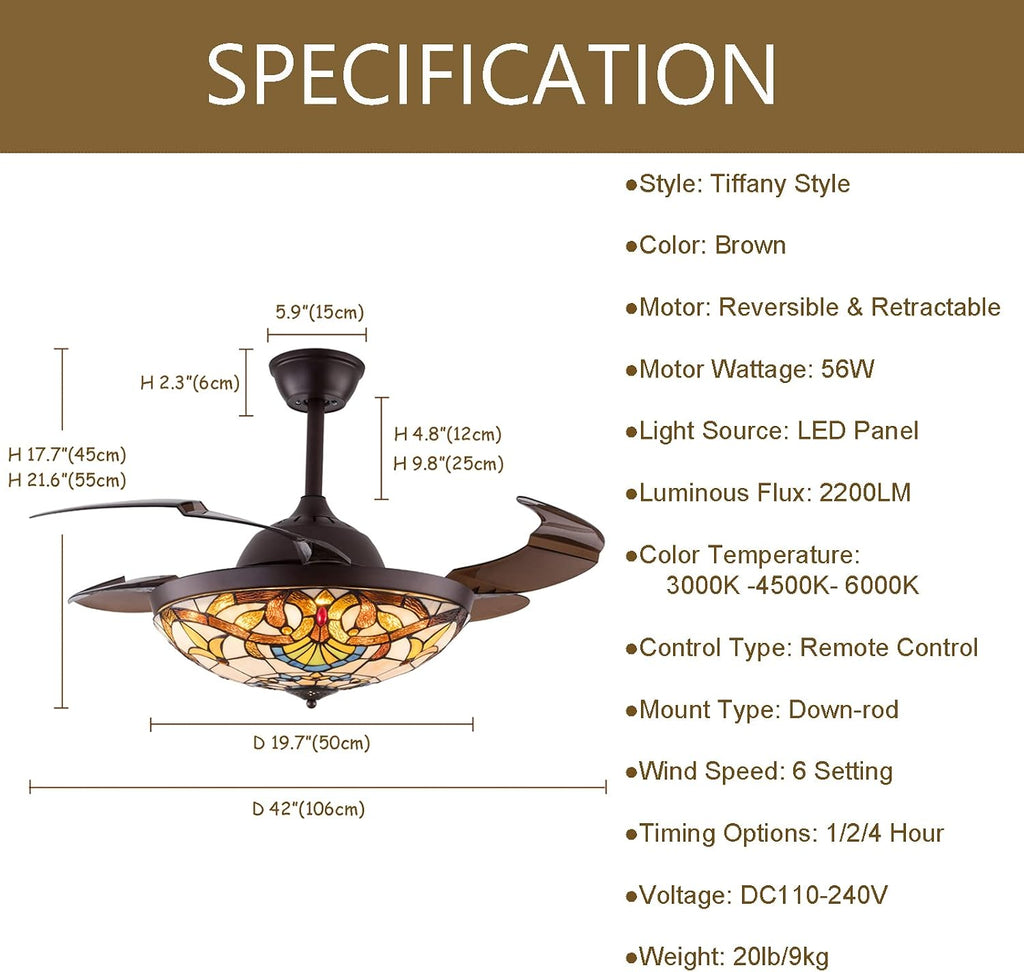TFCFL 42 Inch Tiffany Style Invisible Ceiling Fan with Lights and Remote Control,Stained Glass Ceiling Fan Vintage Chandelier with Retractable Reverse Blades 6 Speeds 3 Light for Bedroom Living Room