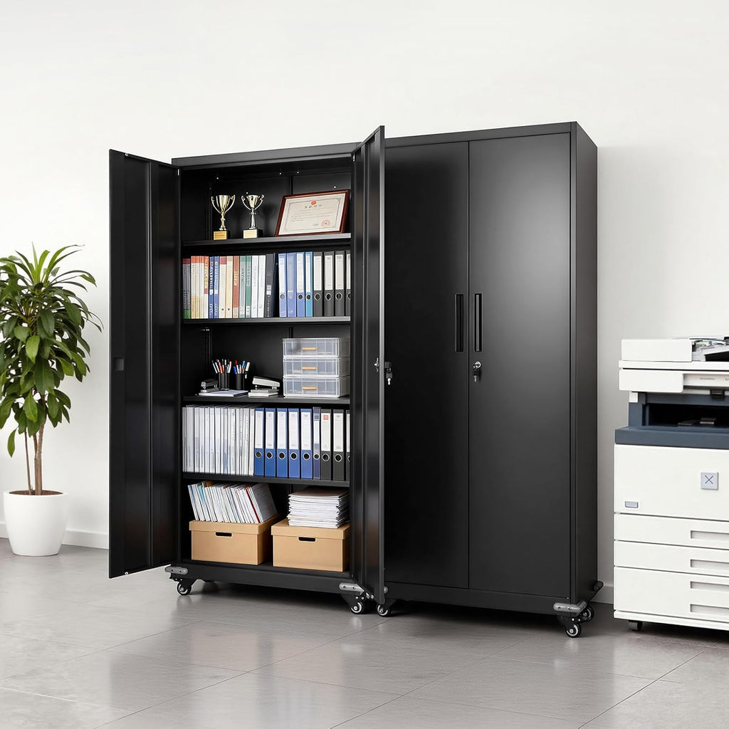 VEVOR Metal Storage Cabinet, 72.6 in Rolling Steel Garage Cabinet with 4 Adjustable Shelves, 2 Magnetic Doors & 2 Keys, 5 Tiers Lockable Tool Storage for Pantry, Warehouse, Basement, Office, Black