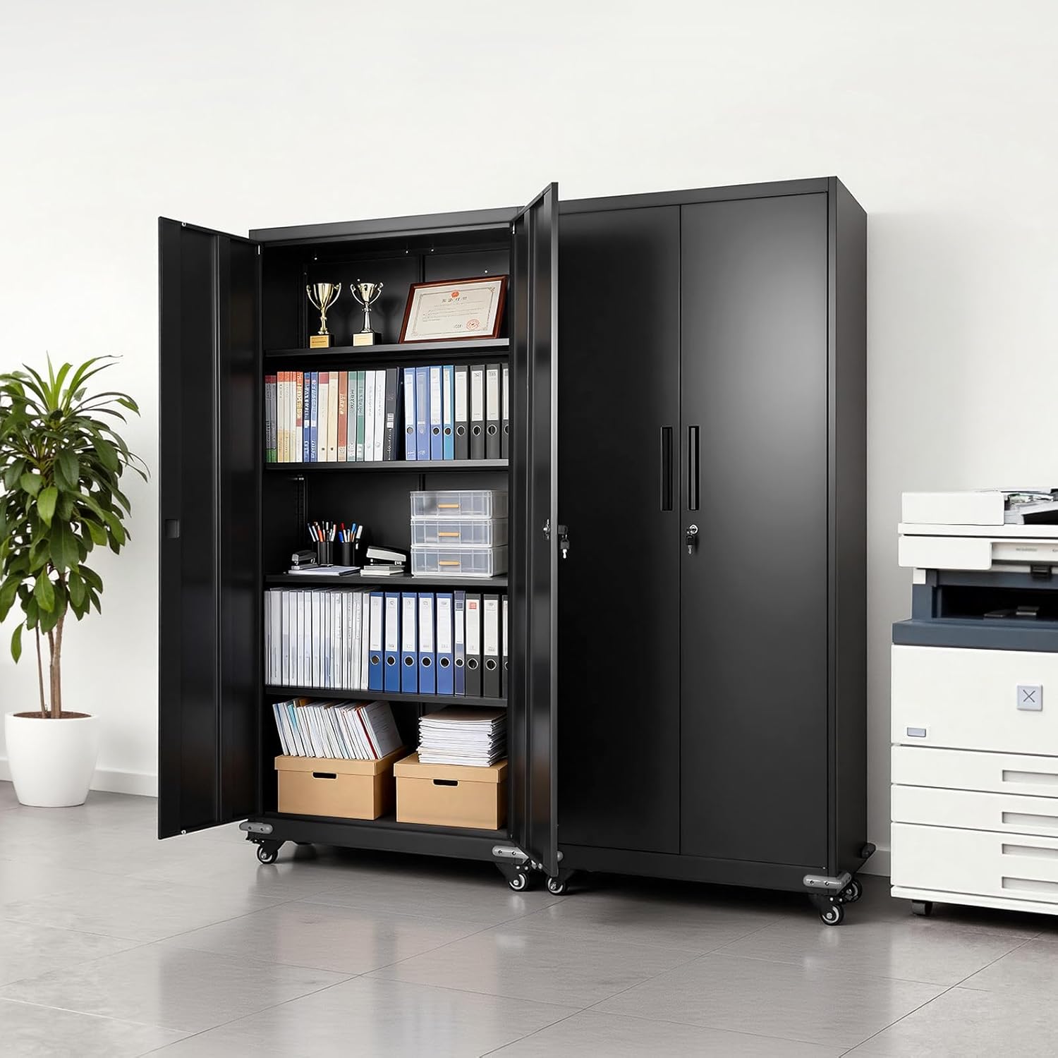 VEVOR Metal Storage Cabinet, 72.6 in Rolling Steel Garage Cabinet with 4 Adjustable Shelves, 2 Magnetic Doors & 2 Keys, 5 Tiers Lockable Tool Storage for Pantry, Warehouse, Basement, Office, Black