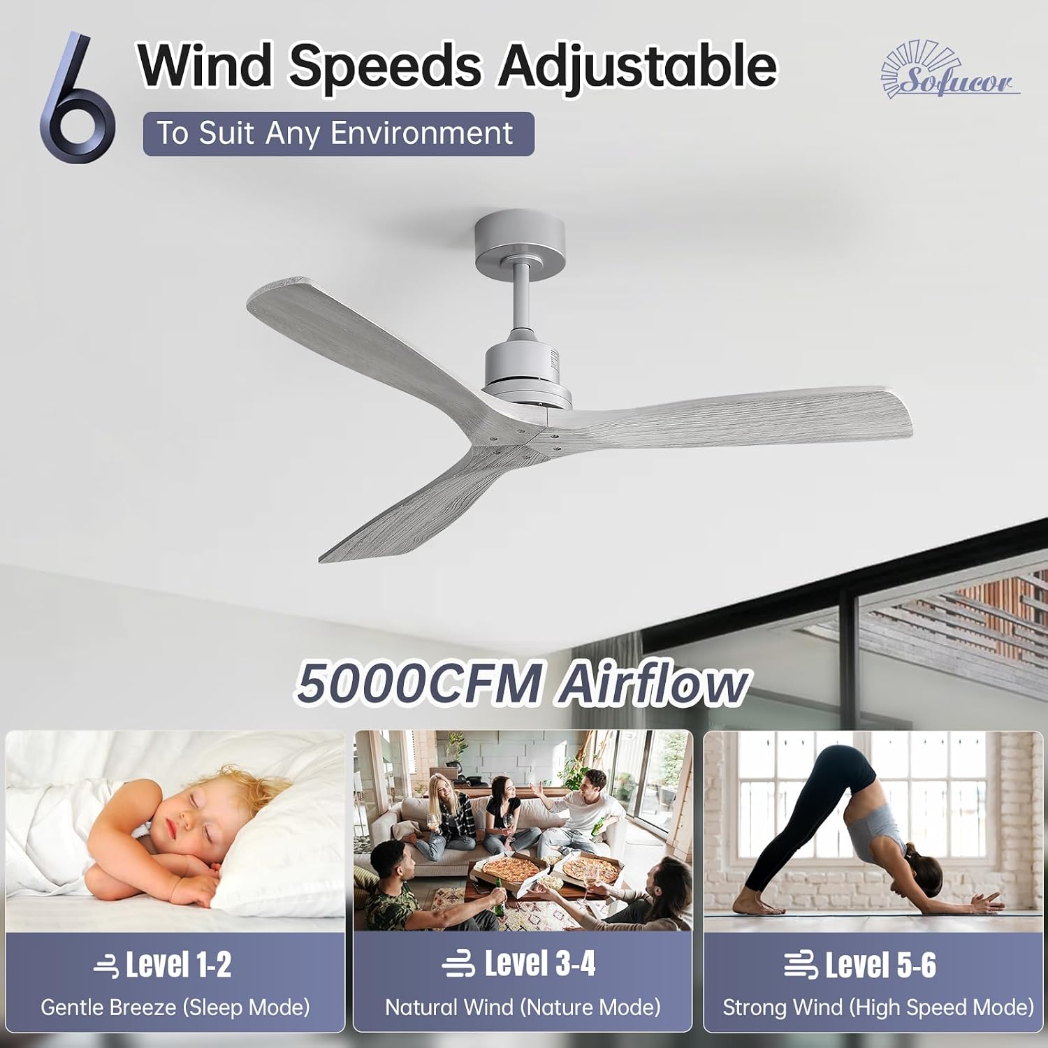 Sofucor 52 Inch Smart Ceiling Fans without Light-Modern Solid Wood Outdoor 3 Blades Ceiling Fan No Light APP Remotel Control for Bedroom Living Room Indoor Farmhouse Patio, Quiet DC Motor,Silver&Grey