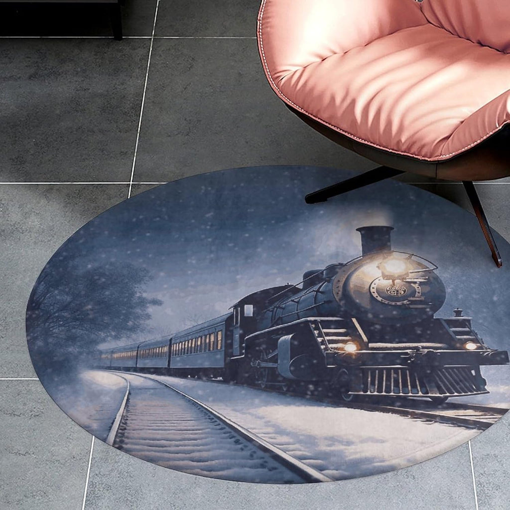 Winter Christmas Snow Night Railway Train Coral Velvet Round Floor Mat Non-Slip Bath Rug Floor Covering for Bathroom Vanity Guest Suite & Vacation Home