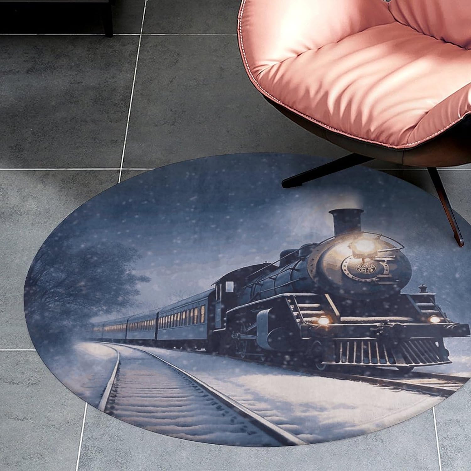 Winter Christmas Snow Night Railway Train Coral Velvet Round Floor Mat Non-Slip Bath Rug Floor Covering for Bathroom Vanity Guest Suite & Vacation Home